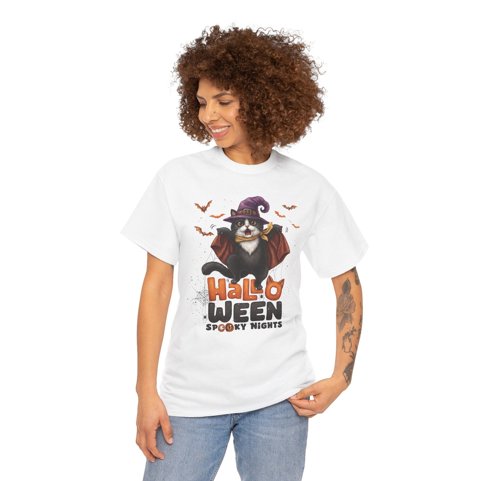 Halloween Spooky Nights Tuxedo Cat T-Shirt — Cute Flying Witch Cat Tee