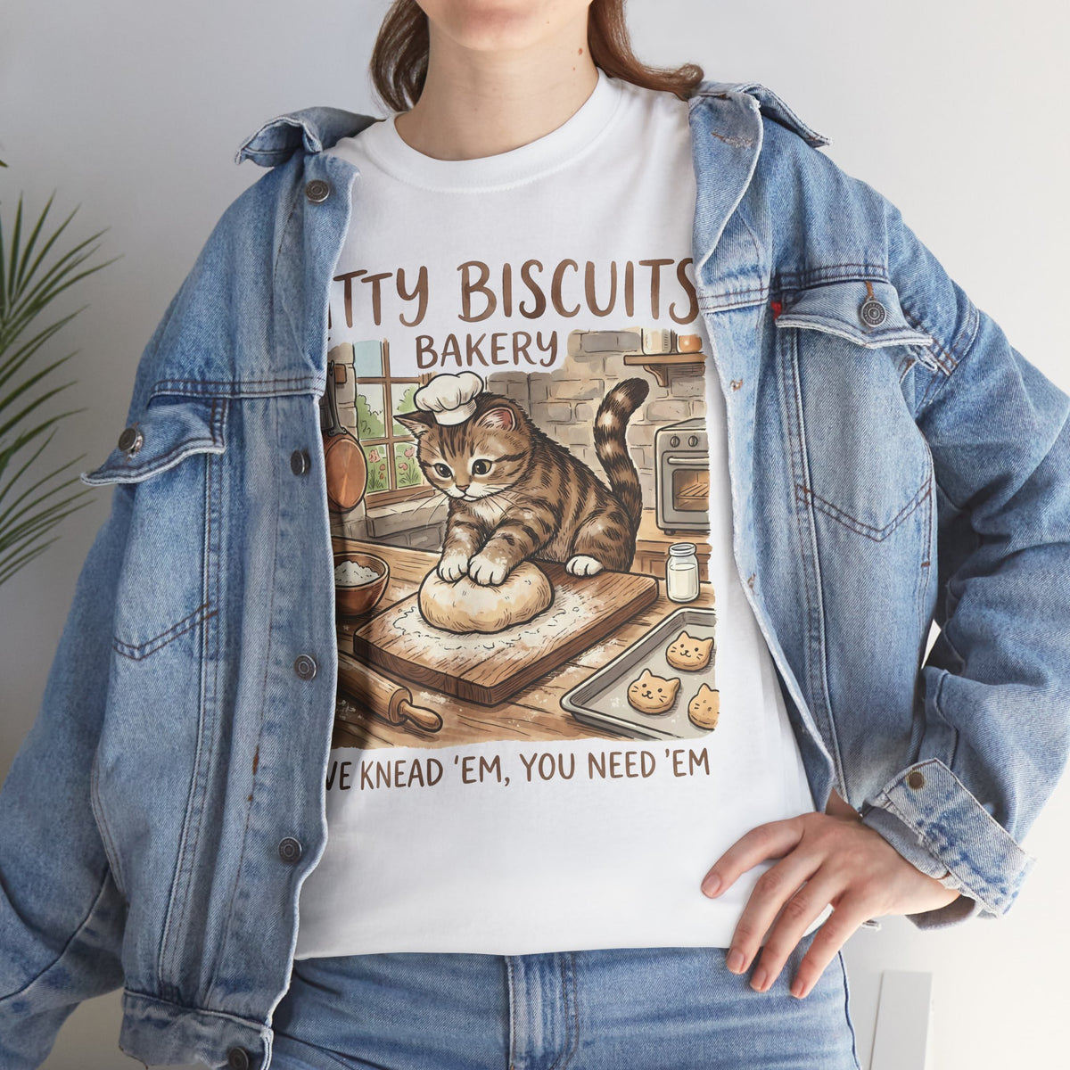Kitty Biscuits Bakery T-Shirt — "We Knead 'Em We Need 'Em" Cat Bakery Tee