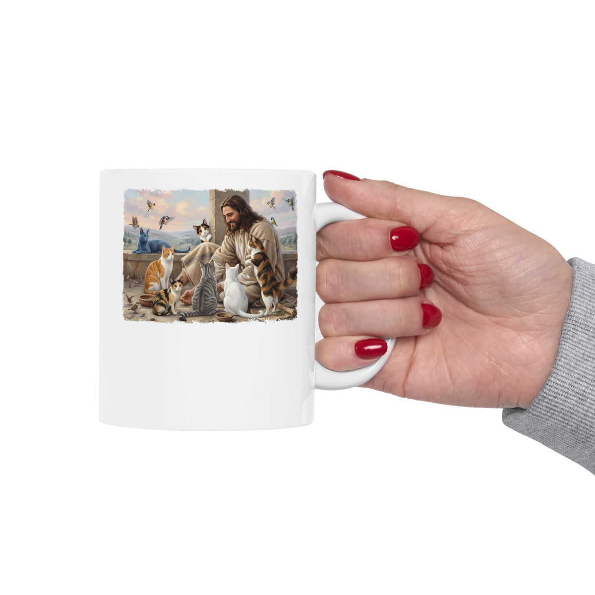 Jesus Surrounded by Cats Ceramic Mug — Religious Cat Lover Mug