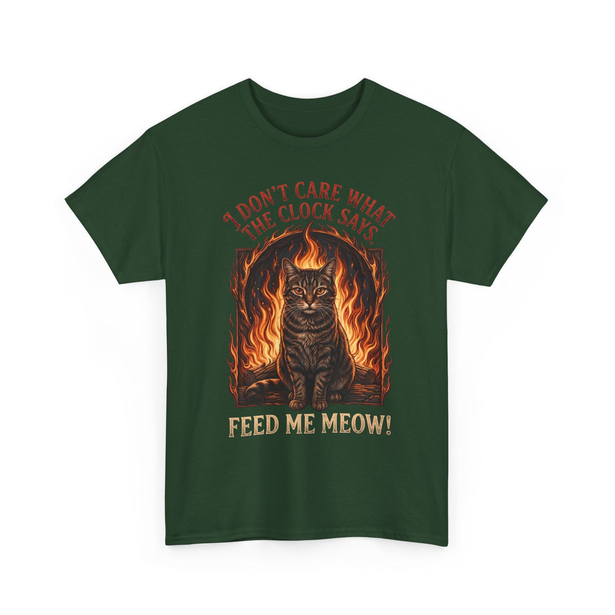 Feed Me Meow T-Shirt — Funny Hungry Tabby Cat Fiery Graphic Tee