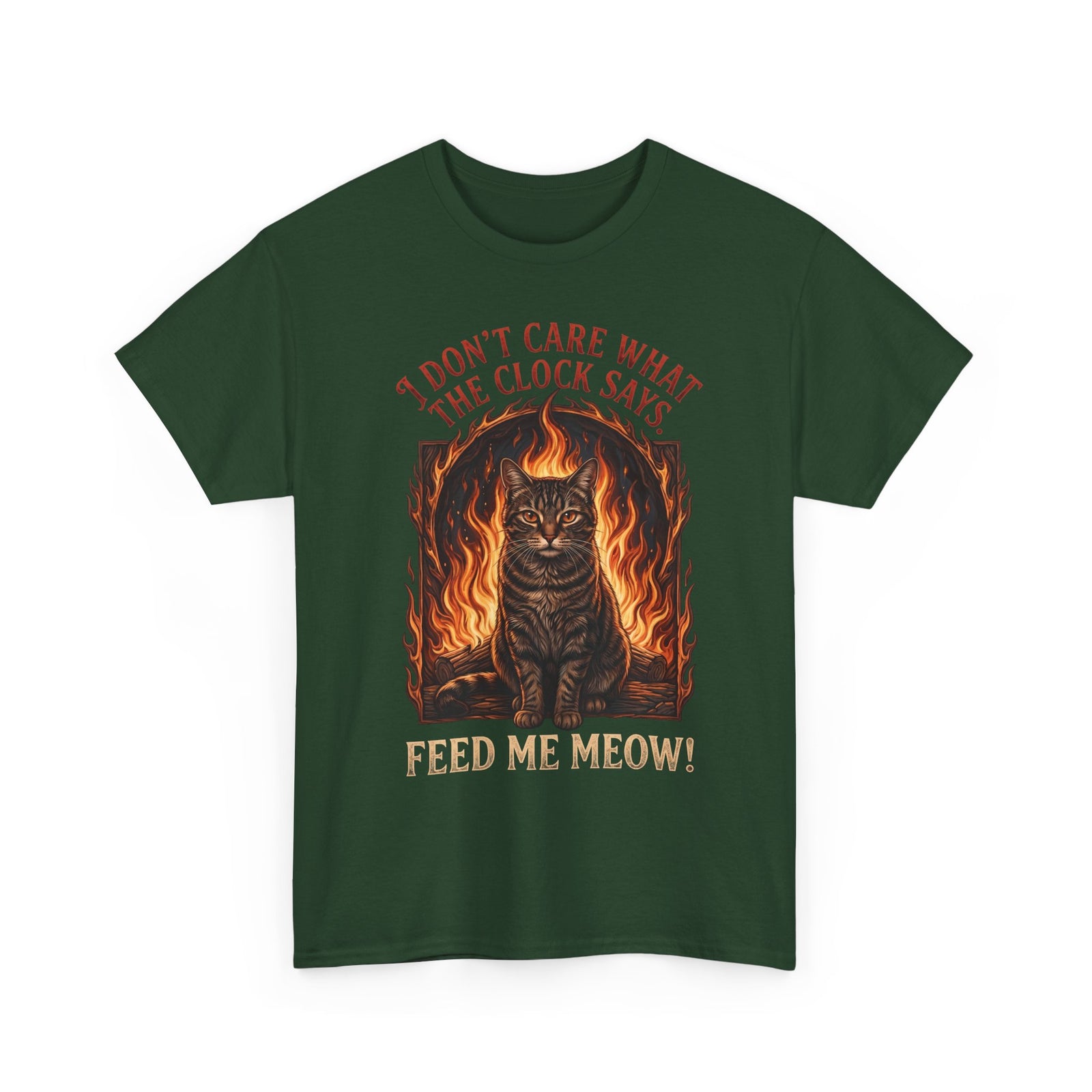 Feed Me Meow T-Shirt — Funny Hungry Tabby Cat Fiery Graphic Tee