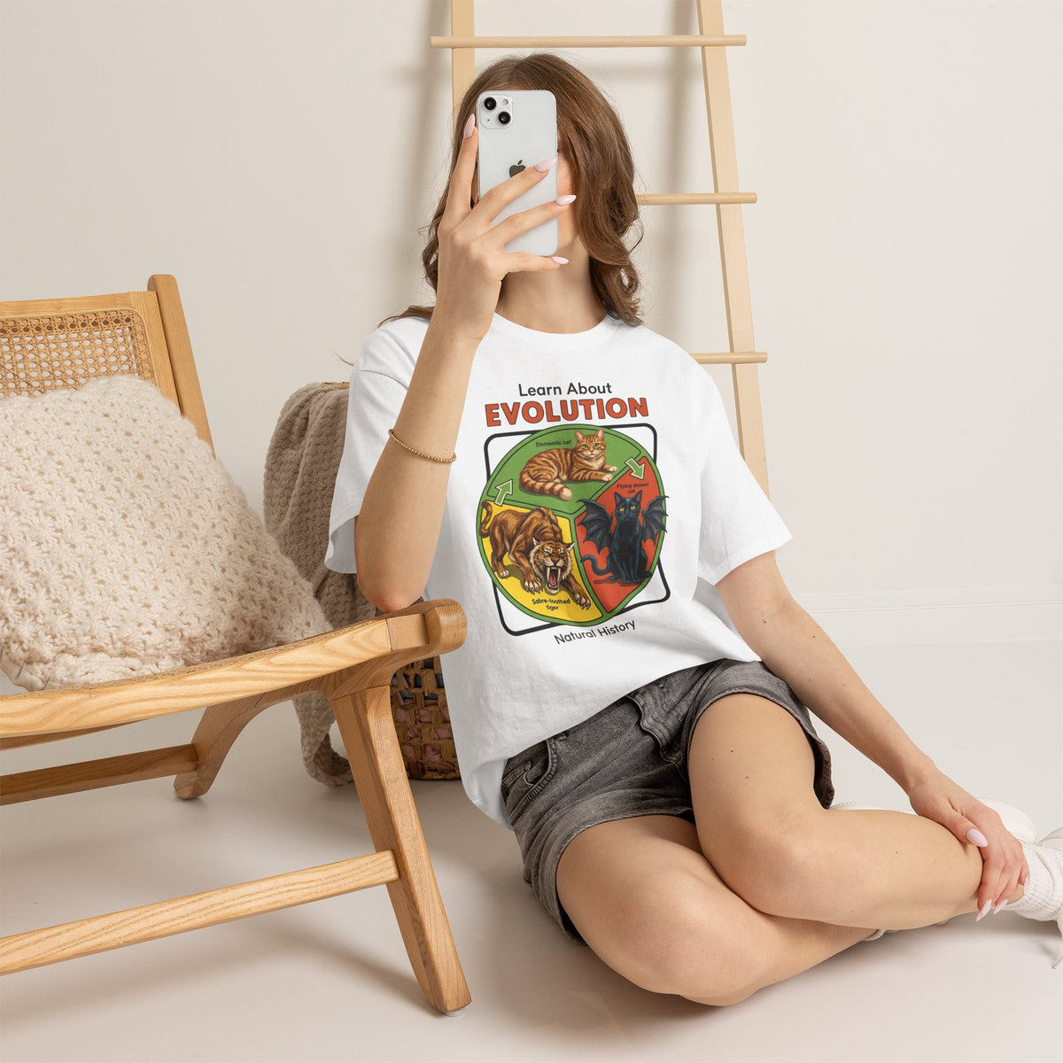 Learn About Evolution Cat T-Shirt — Funny Science Natural History Parody Tee