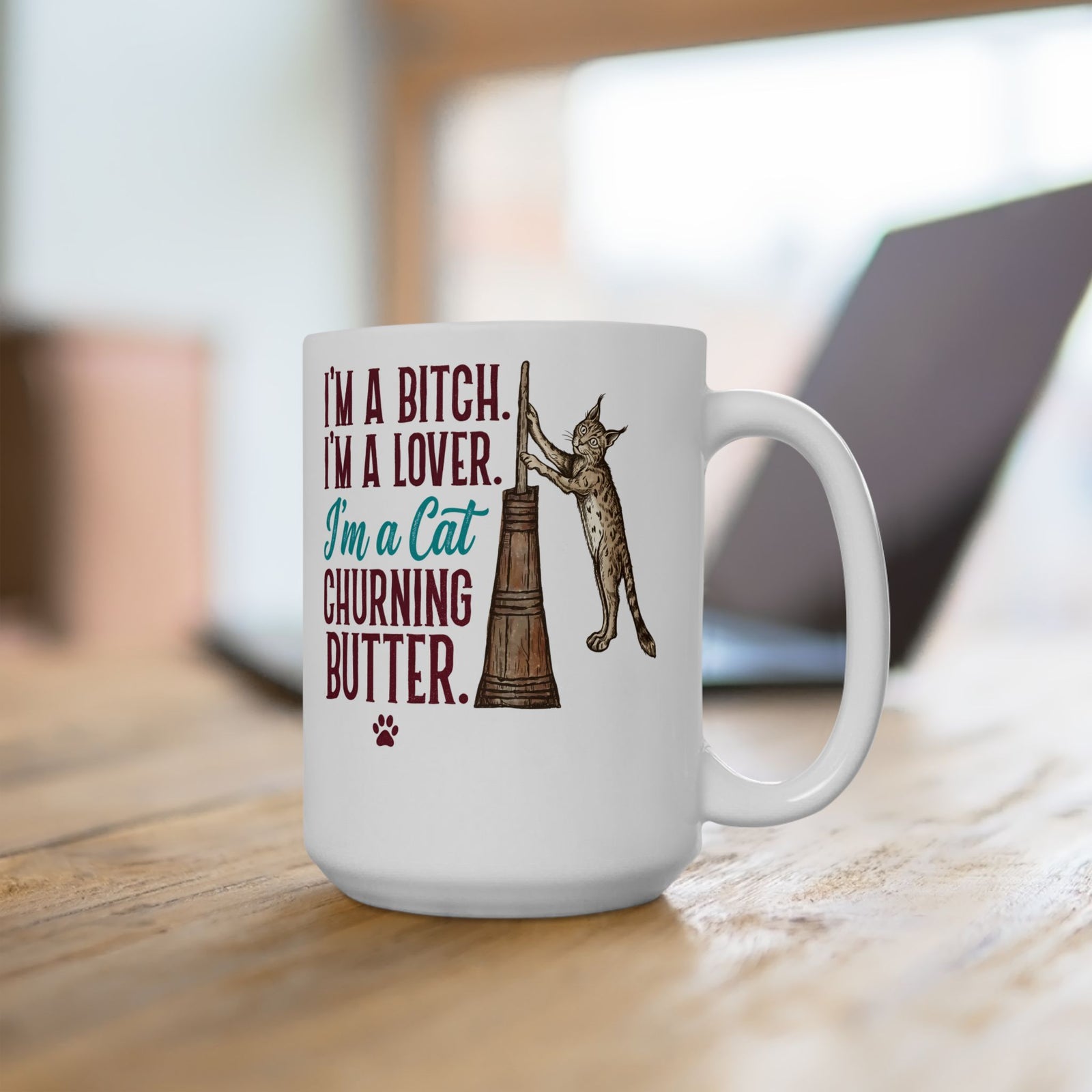 “I'm a Cat Churning Butter” Ceramic Mug — Funny Whimsical Cat Mug