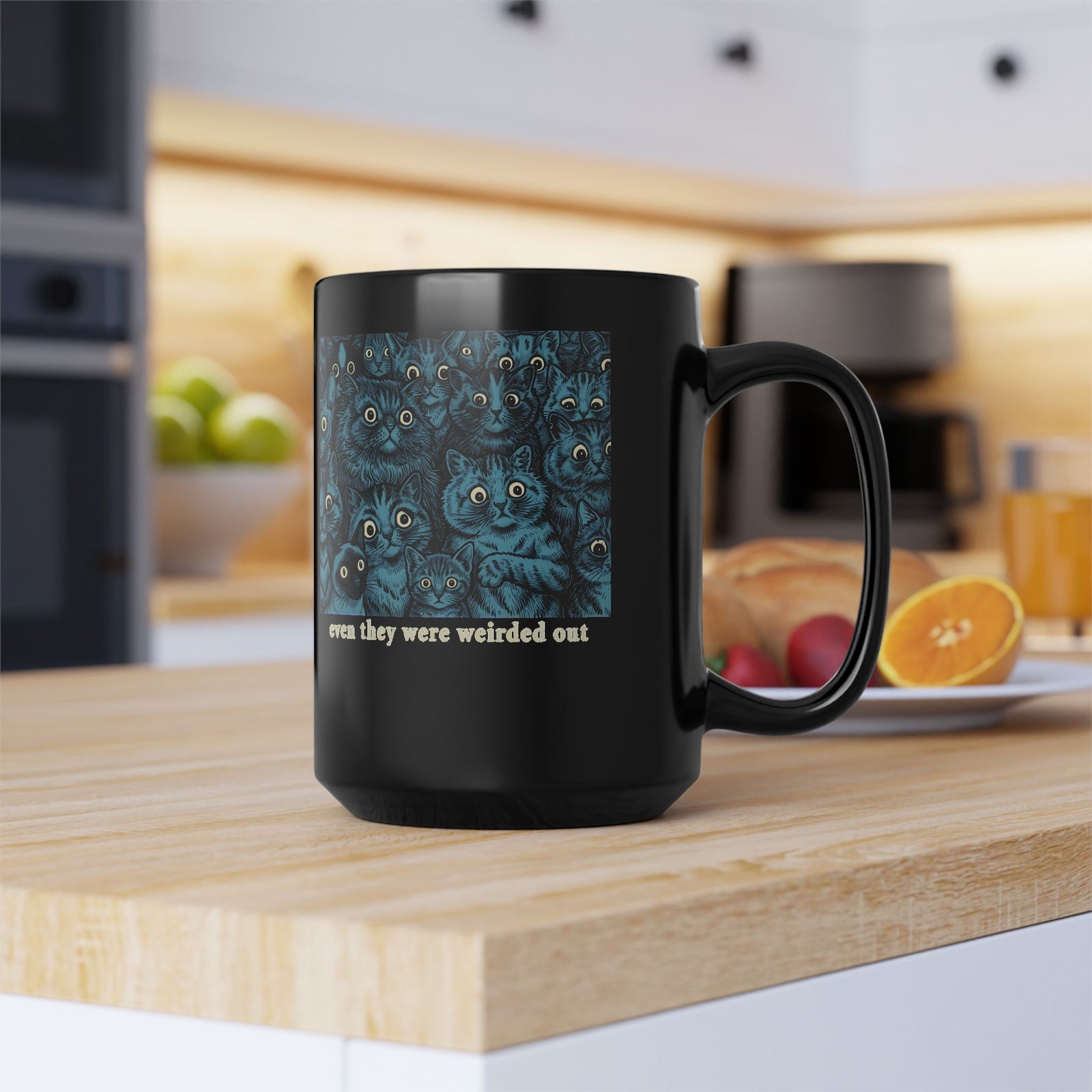 “Even Cats Were Weirded Out” Black Mug — Funny Cat Graphic Mug