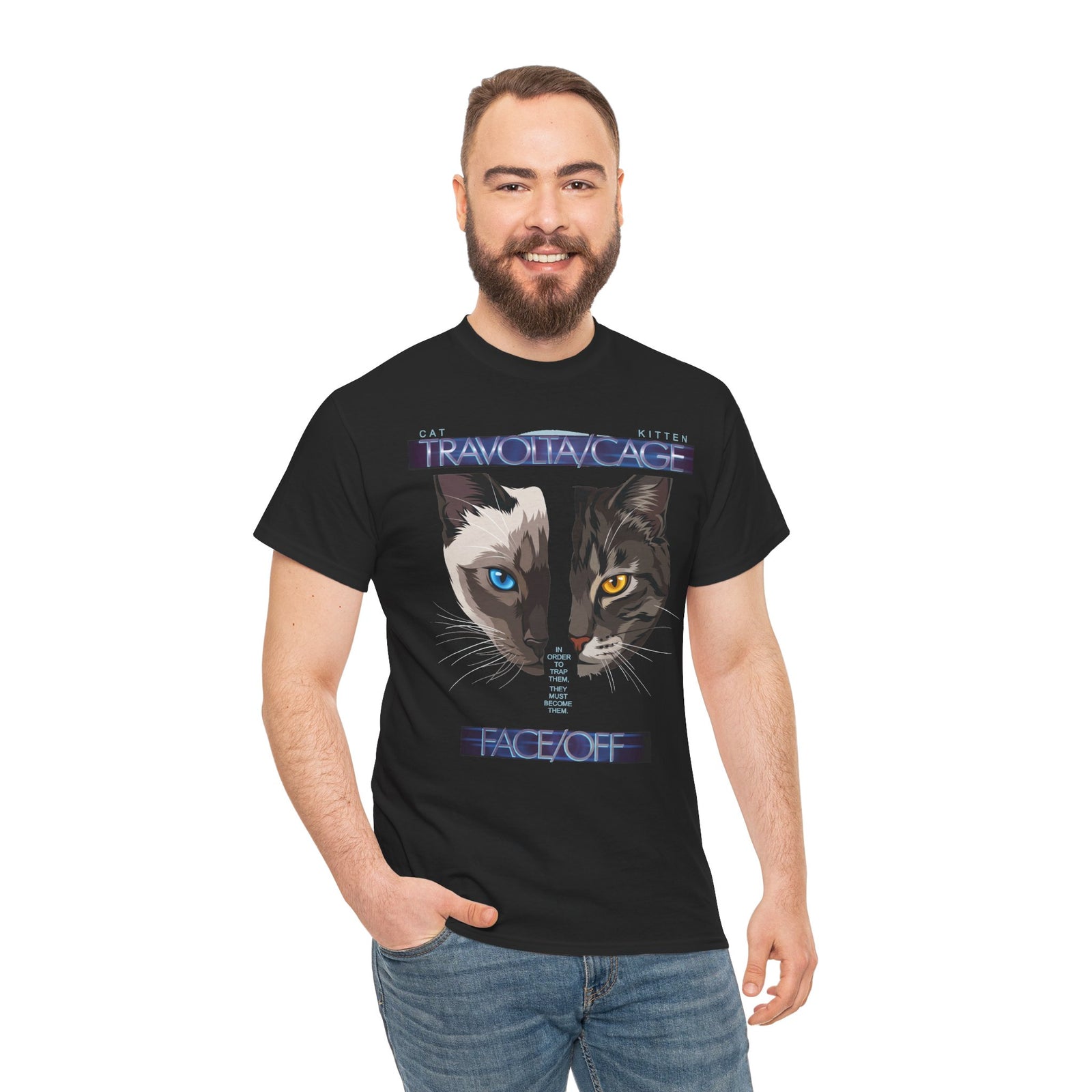 Face/Off Cat Tee — "Travolta/Cage" Split-Face Retro Movie Parody T-Shirt