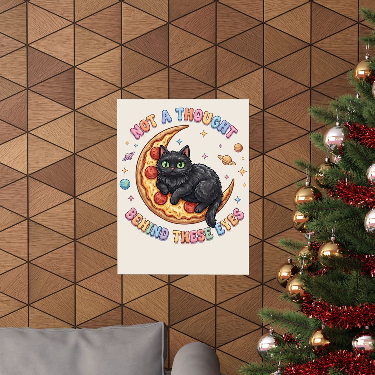 Not A Thought Behind These Eyes Poster — Funny Black Cat Pizza Moon Poster
