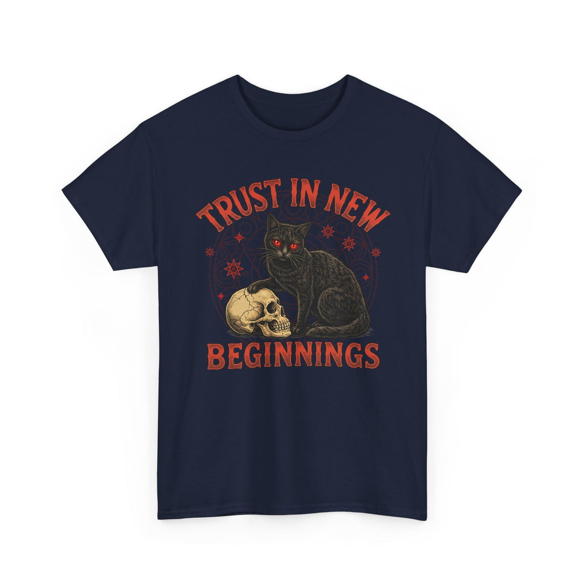 Trust In New Beginnings Cat T-Shirt — Occult Black Cat Skull Gothic Tee