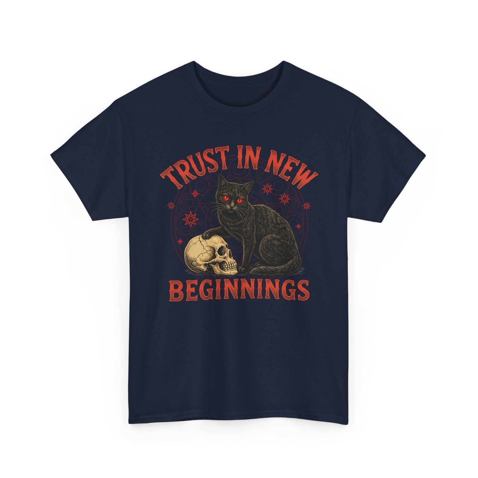 Trust In New Beginnings Cat T-Shirt — Occult Black Cat Skull Gothic Tee