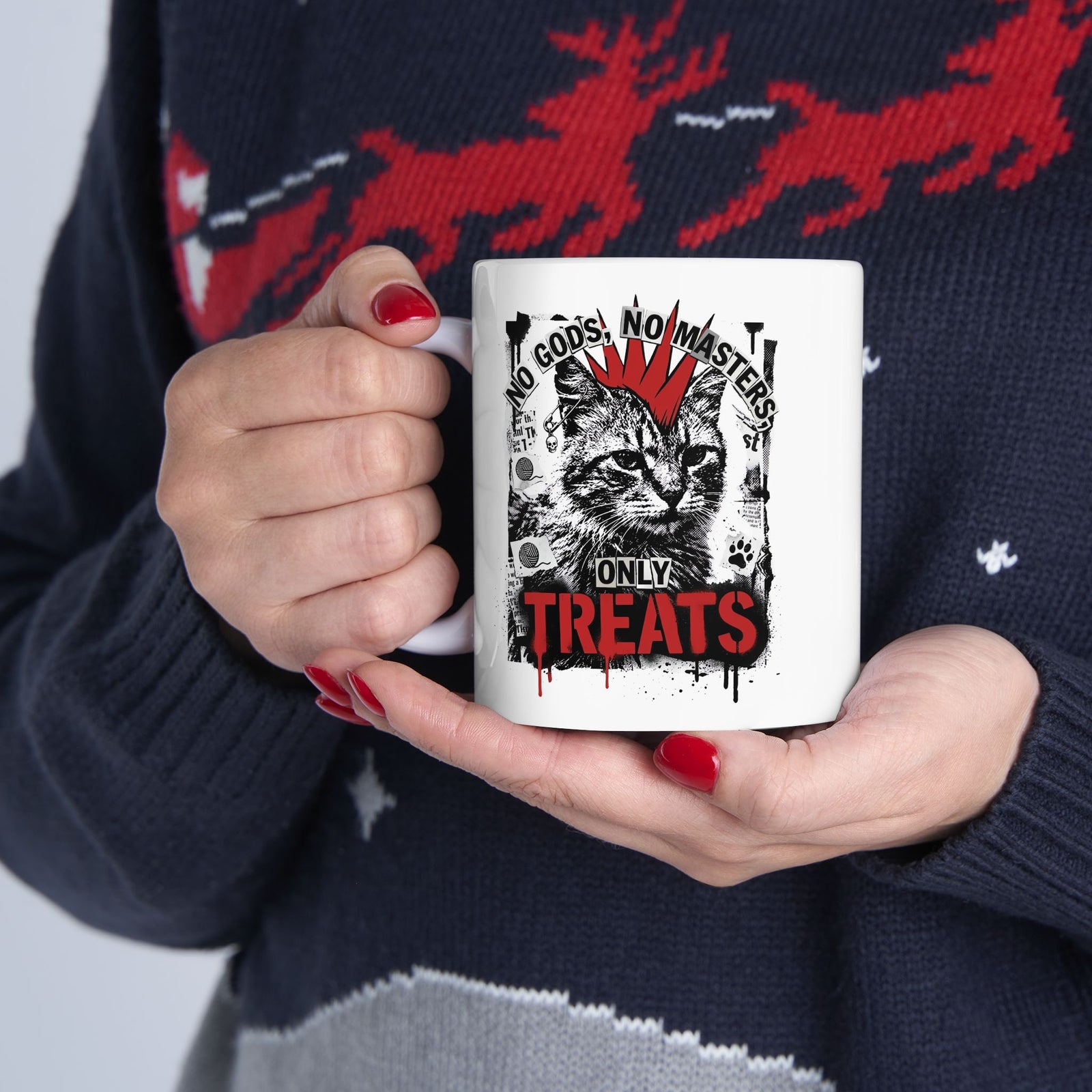 Punk Cat Mug — “No Gods No Masters, Only Treat” Graphic Ceramic Mug