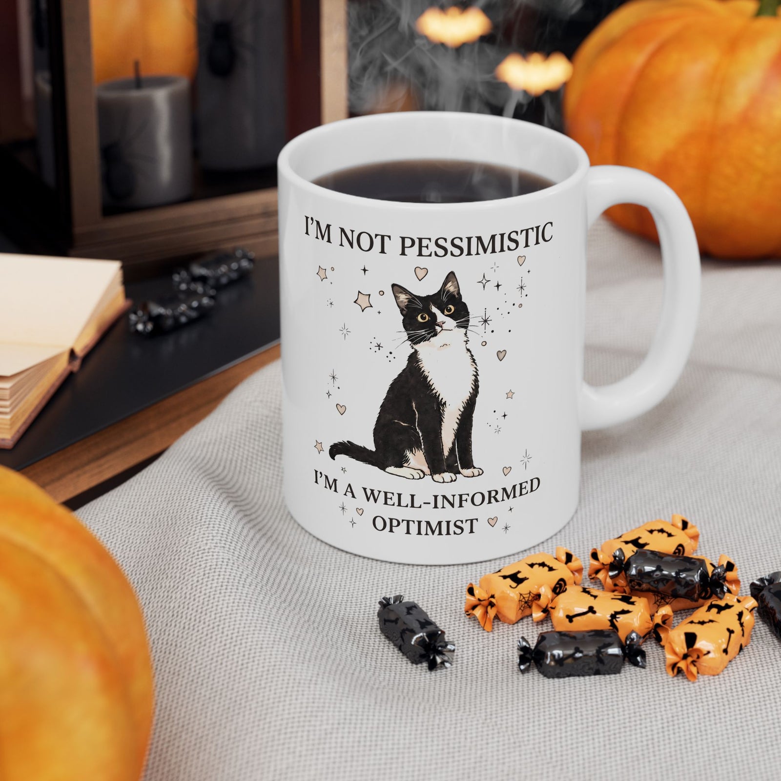 Well-Informed Optimist Tuxedo Cat Ceramic Mug — Funny Sarcastic Feline Graphic Mug