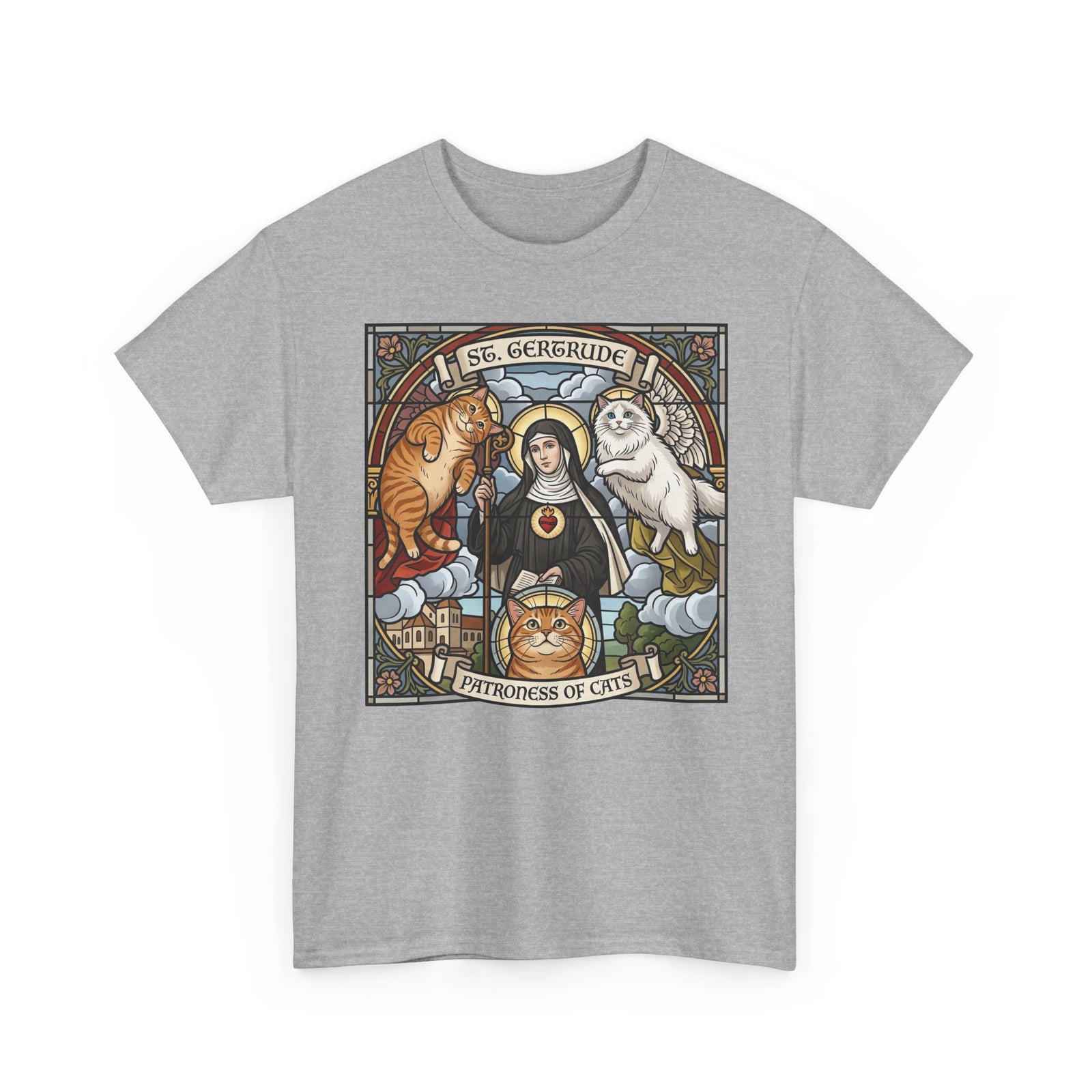 Saint of Cats T‑Shirt — "I See Herebound" Vintage Stained-Glass Cat Graphic Tee