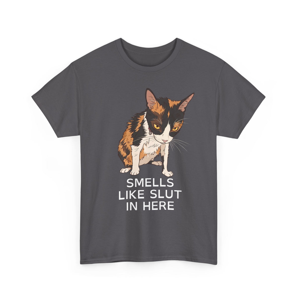 Smells Like Slut In Here T-Shirt — Funny Grumpy Calico Cat Meme Tee