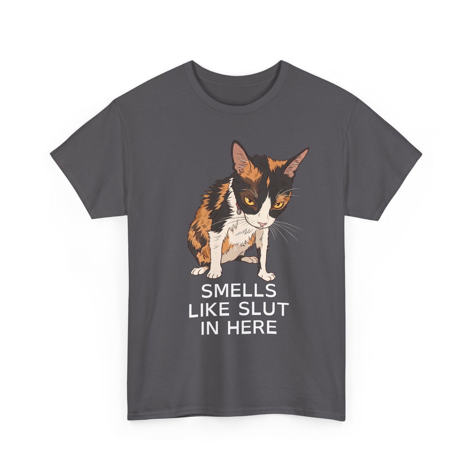 Smells Like Slut In Here T-Shirt — Funny Grumpy Calico Cat Meme Tee