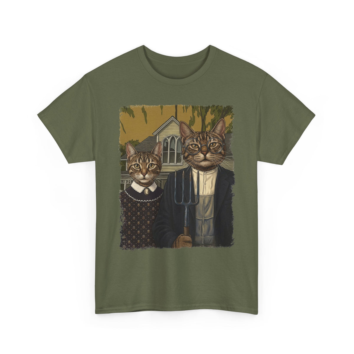 Gothic Cat Couple Tee — Parody ‘American Gothic’ Cat Portrait T-Shirt