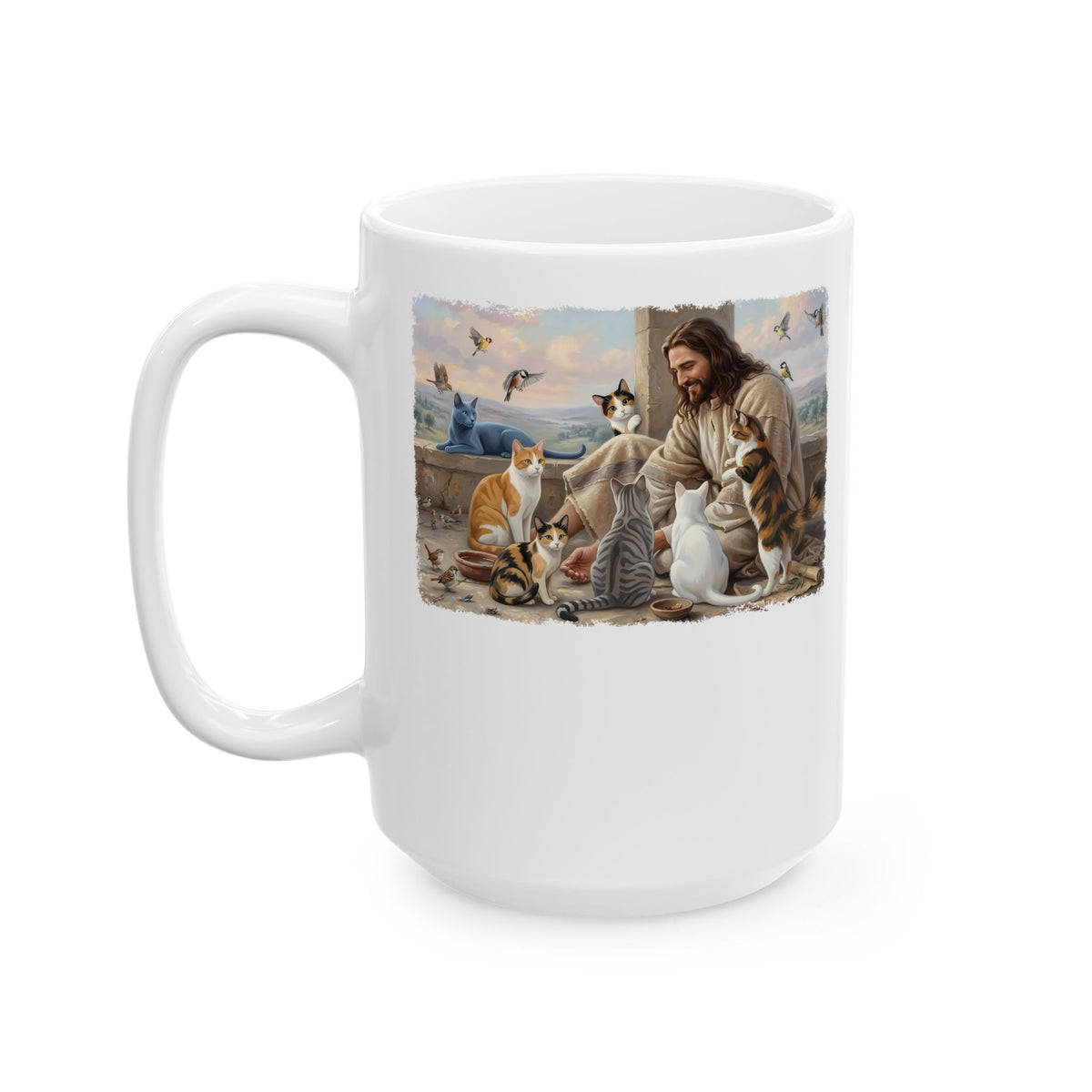 Jesus Surrounded by Cats Ceramic Mug — Religious Cat Lover Mug