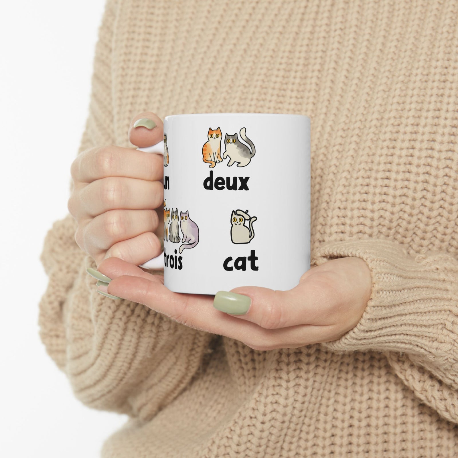 Un Deux Trois Cat Ceramic Mug — Cute French Cat Graphic Mug