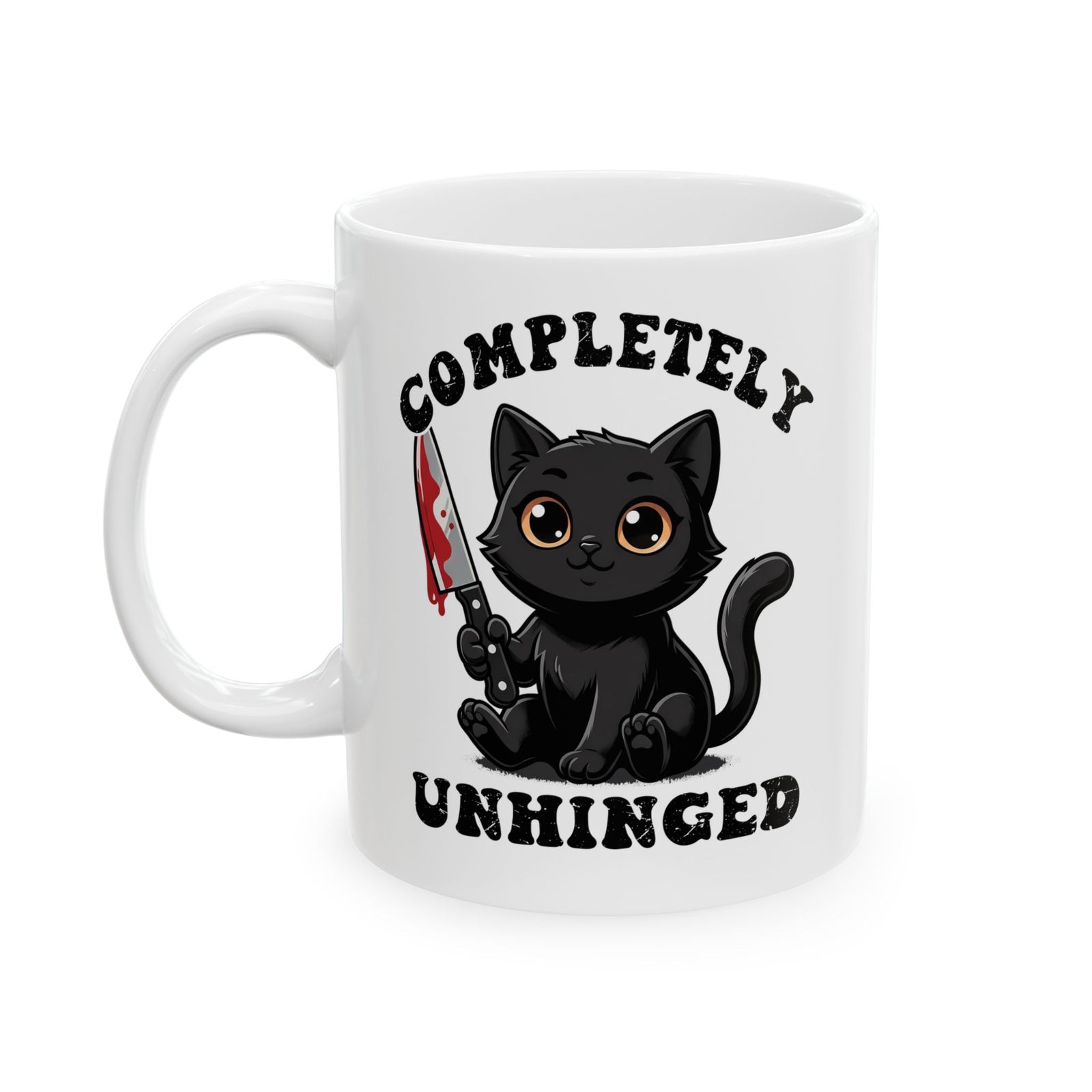 Completely Unhinged Black Cat Ceramic Mug — Funny Cute Psycho Knife Mug