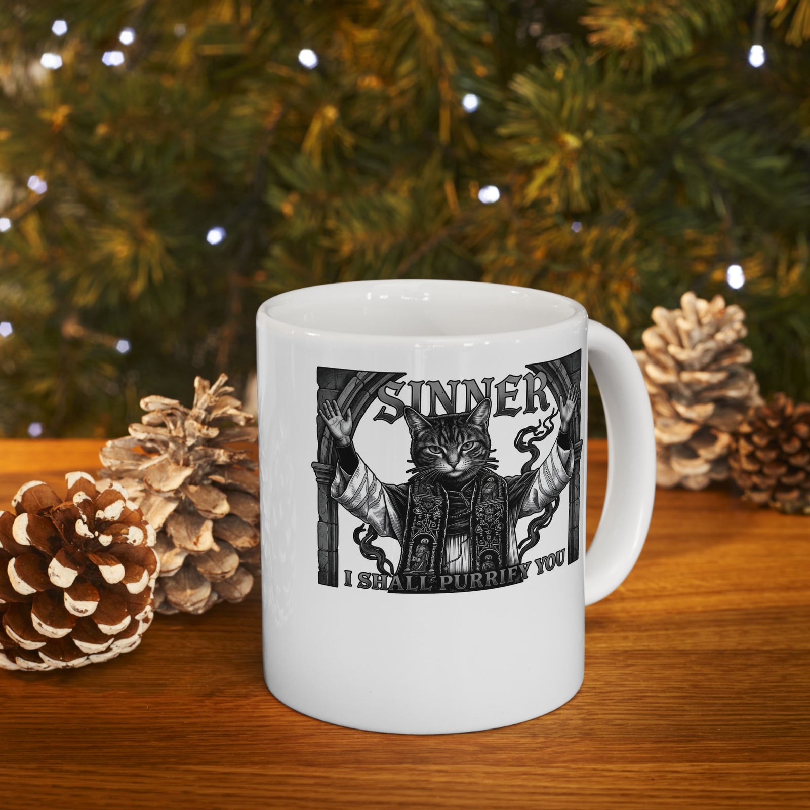 Sinner Shall I Purrify You Cat Mug — 'Purriest' Funny Gothic Cat Mug