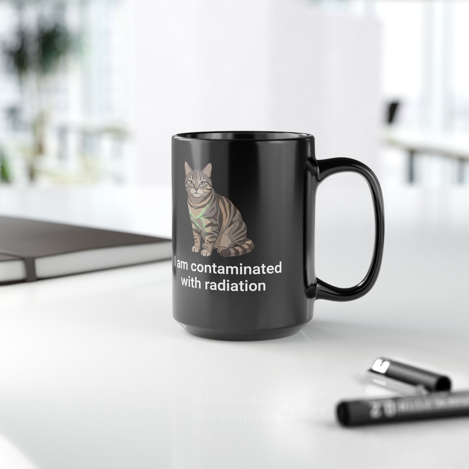 Funny Cat Black Mug "I Am Contaminated with Radiation" Humorous Retro Radioactive Mug