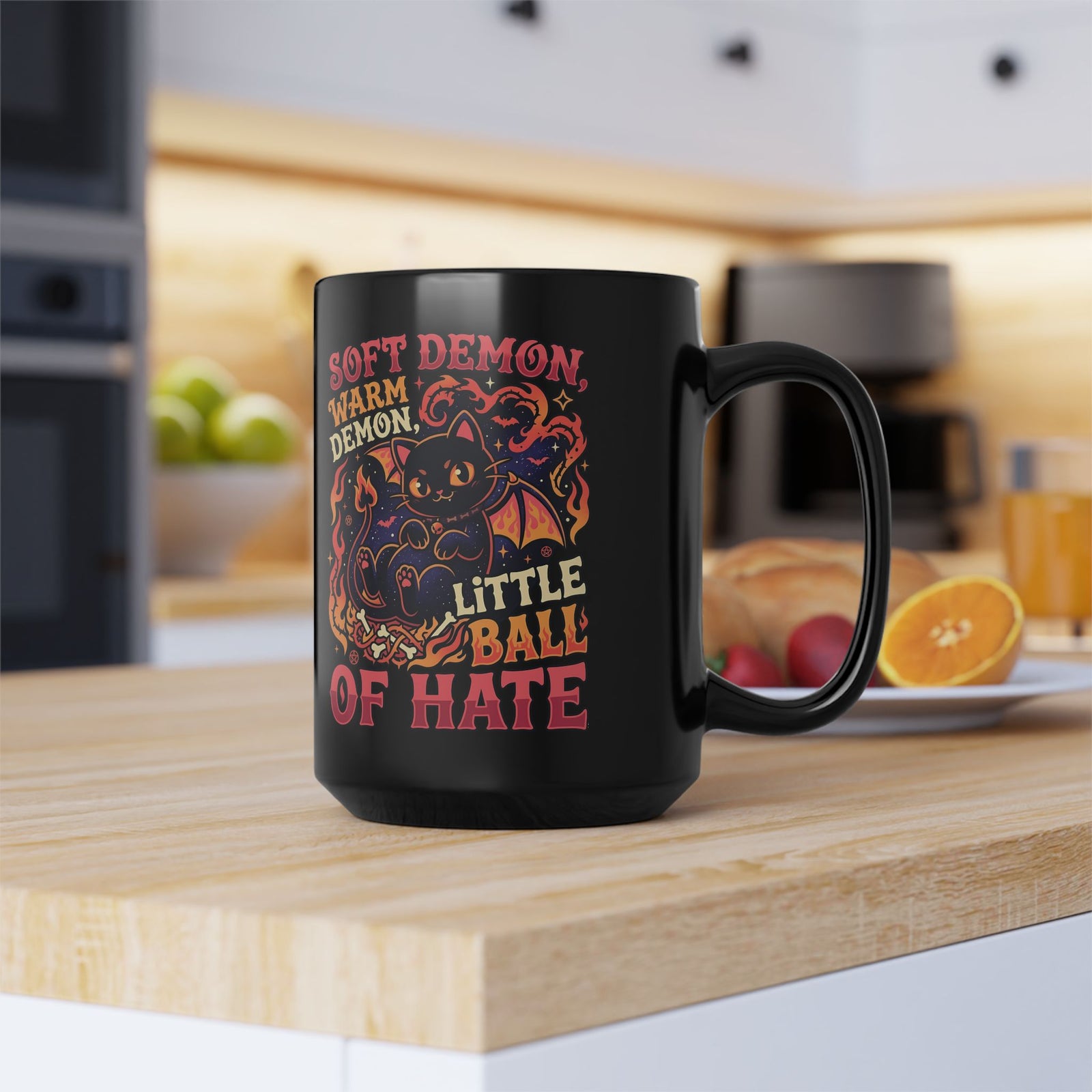 Soft Demon Cat Black Mug — "Little Ball of Hate" Cute Demon Kitty Mug