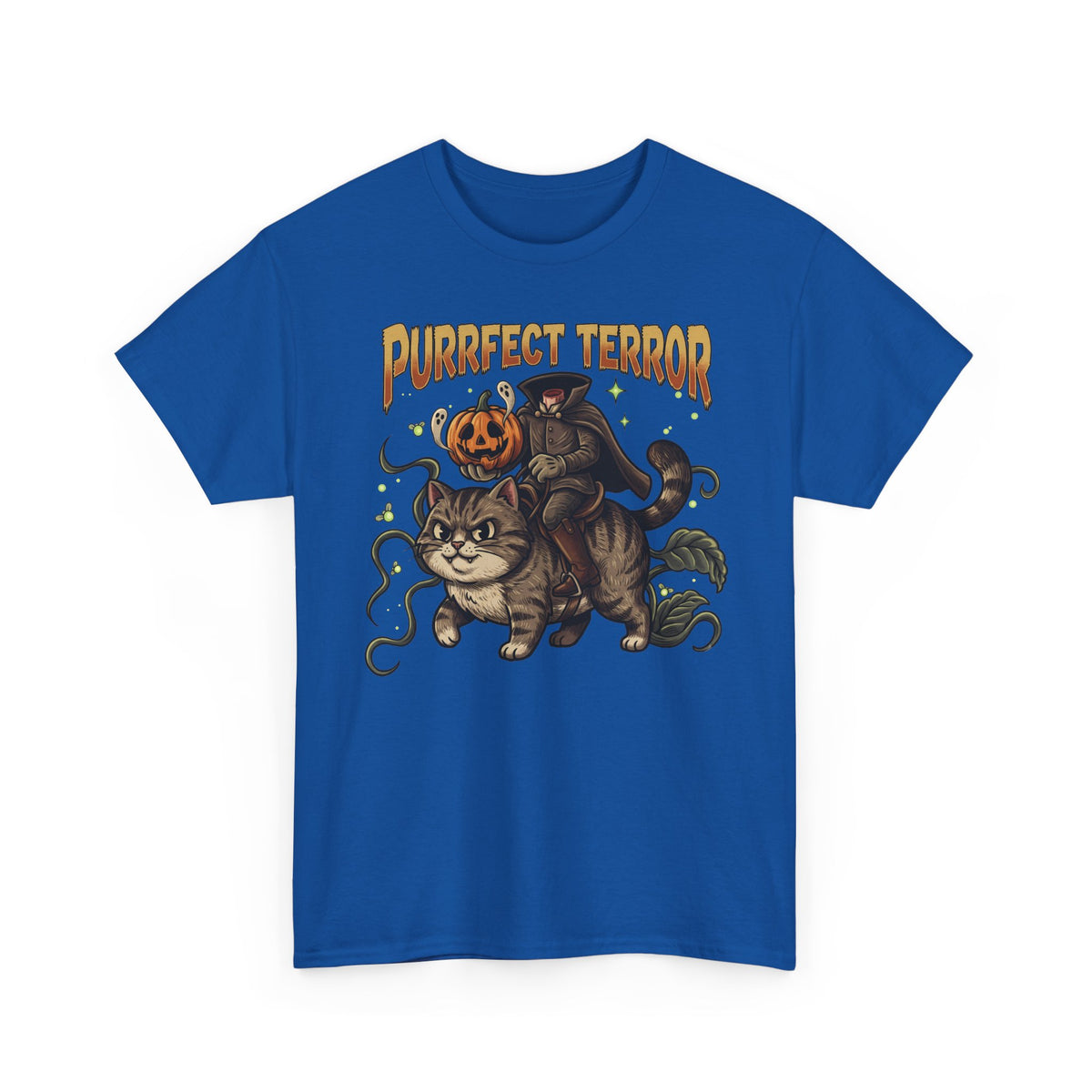 Purrfect Terror Headless Horseman Tabby Cat T-Shirt — Spooky Halloween Tee