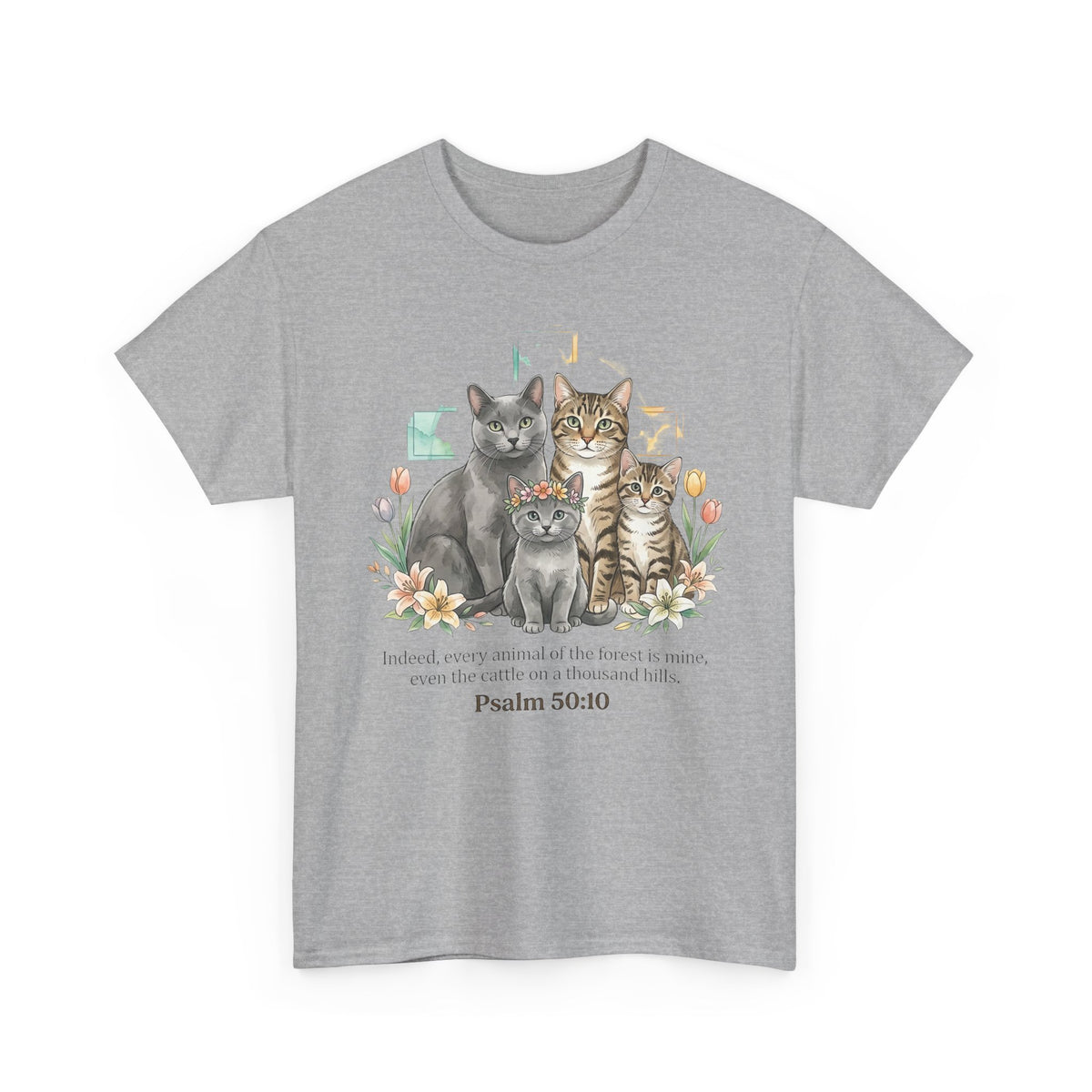 Cat Family Psalm 50:10 Floral T-Shirt — Christian Pet Lover Tee