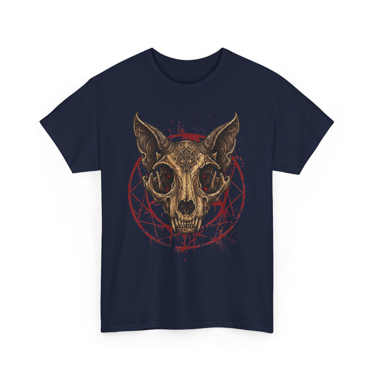 Gothic Ornate Cat Skull Red Pentagram Shirt — Dark Occult Feline T-Shirt