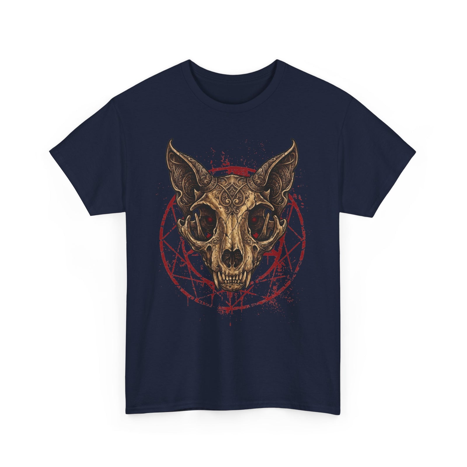 Gothic Ornate Cat Skull Red Pentagram Shirt — Dark Occult Feline T-Shirt