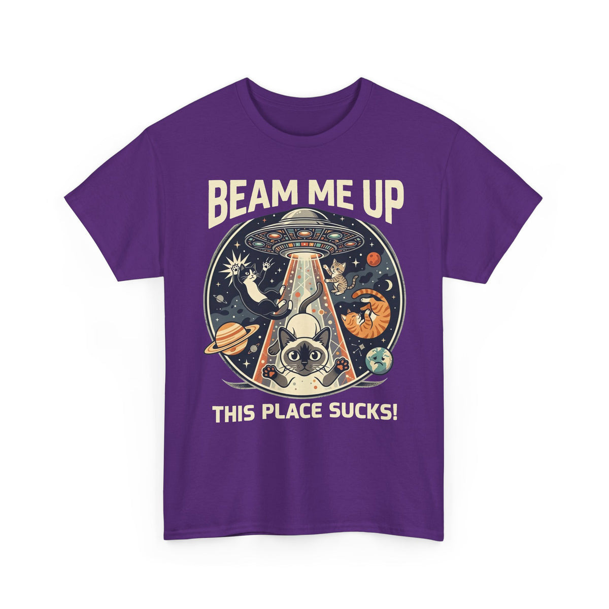 Cat UFO T-Shirt – "Beam Me Up, This Place Sucks" Retro Space Tee