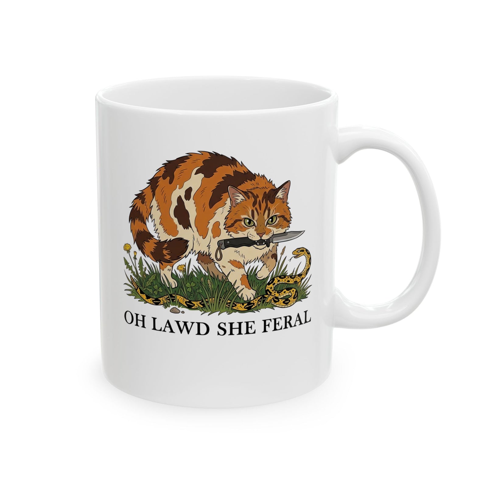 Feral Cats Mug — “Oh Lawd She Feral Cats!” Graphic Ceramic Mug