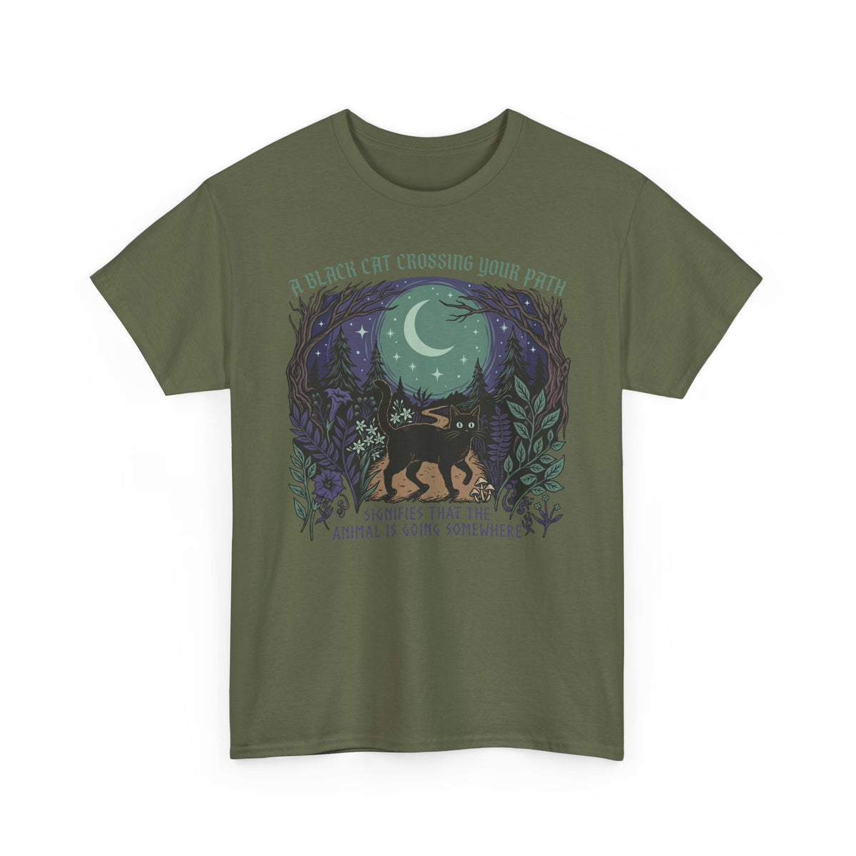 Black Cat Crossing Your Path Tee — Whimsical Moonlit Forest Cat Shirt