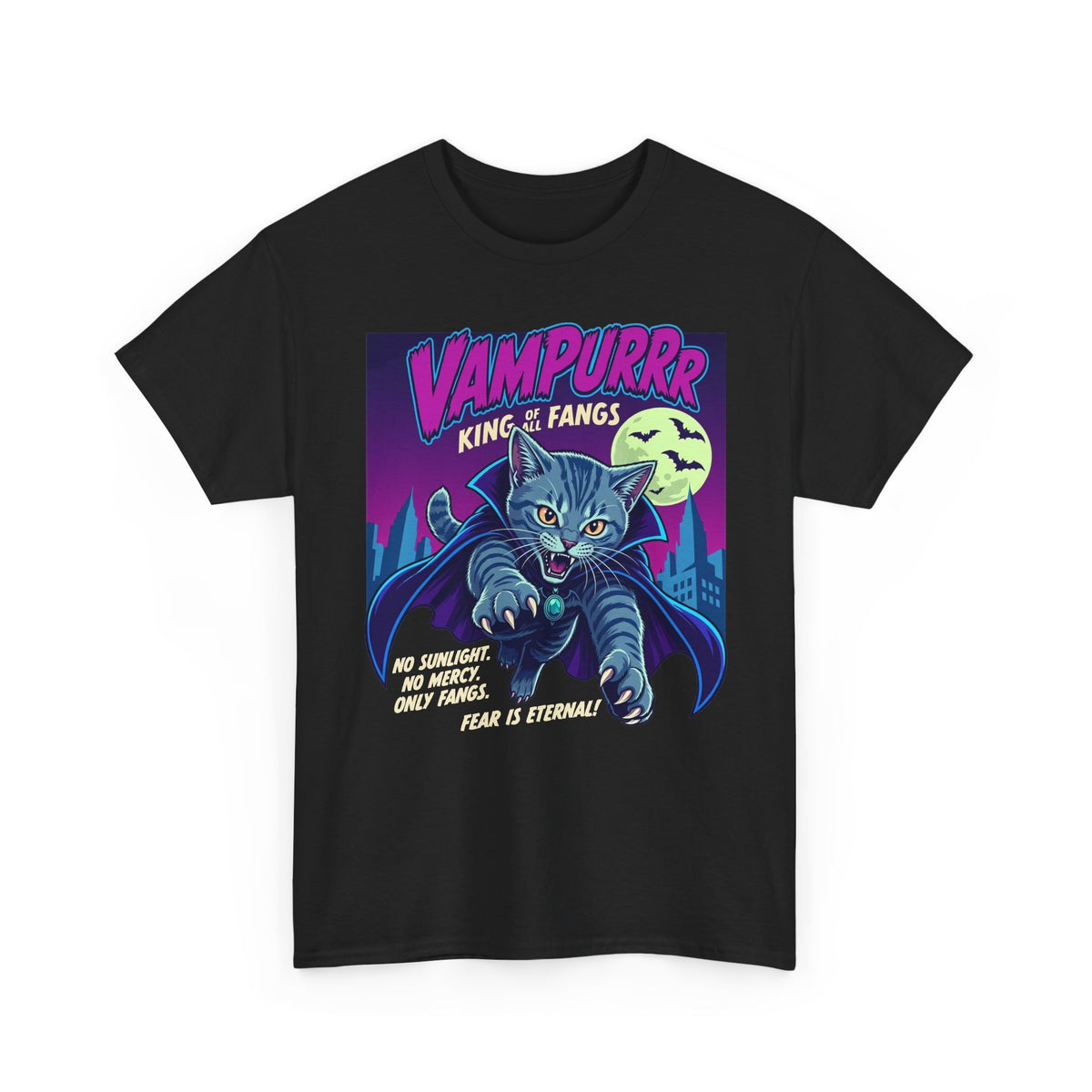 Vampurrr King of Fangs Cat T-Shirt — Retro Vampire Cat Graphic Tee