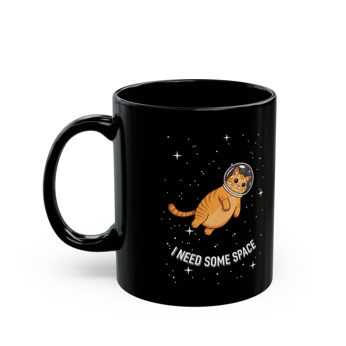 I Need Some Space Cat Black Mug — Cute Astronaut Orange Tabby Feline Mug