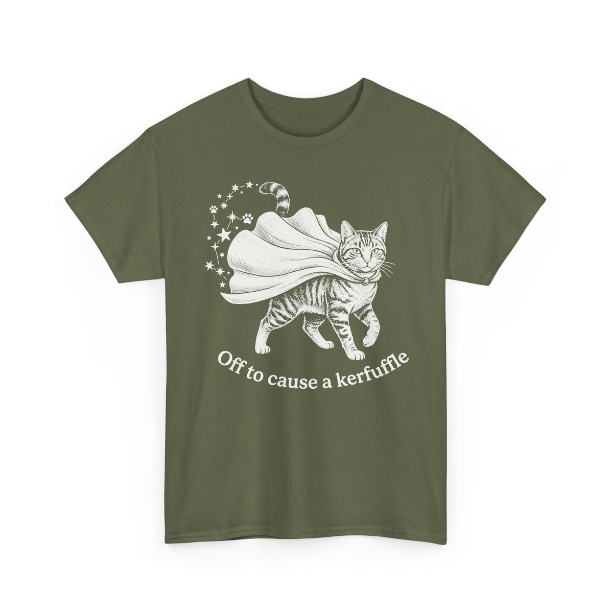 Cat Cape T-Shirt — "Off to cause a kerfuffle" Cute Mischief Cat Tee