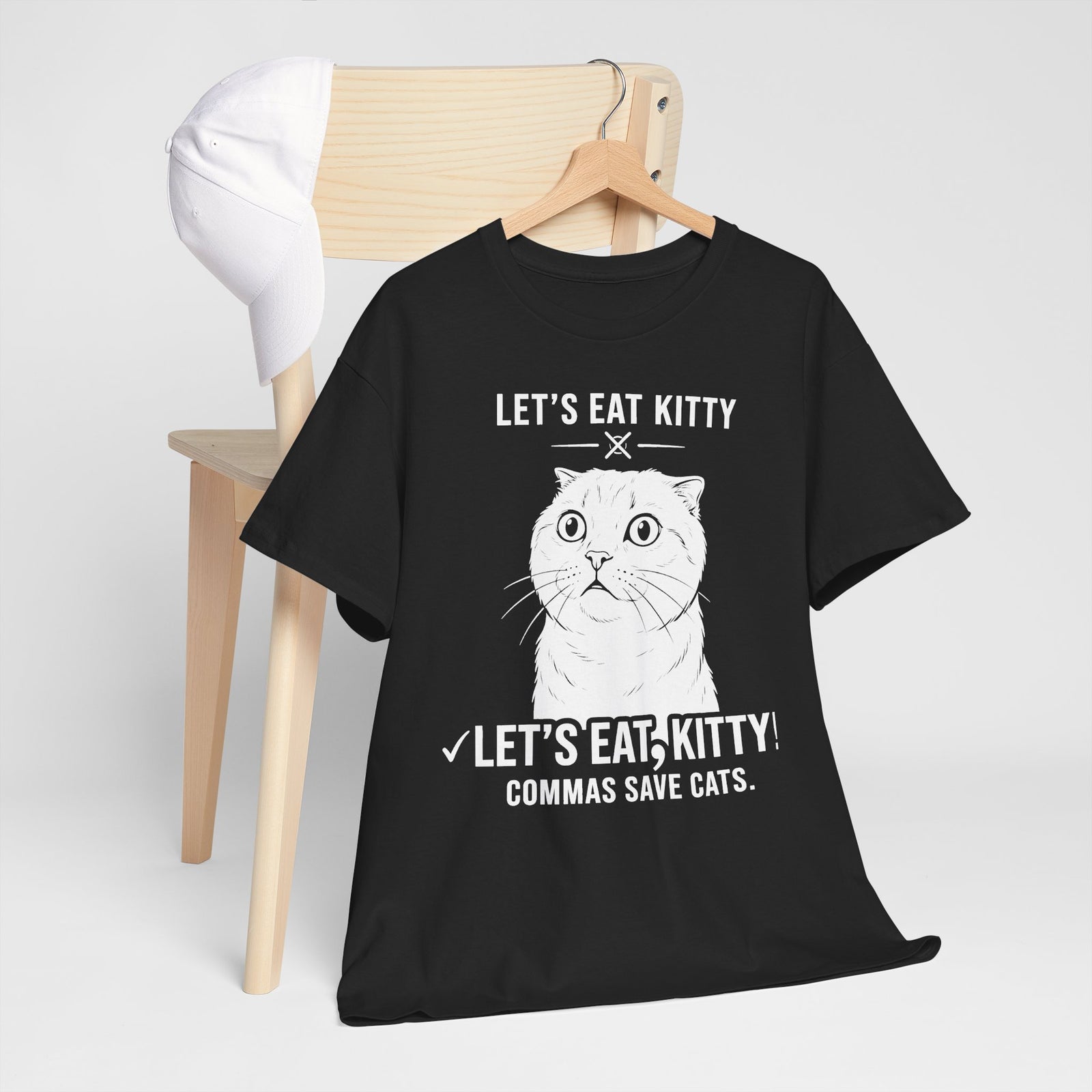 Let’s Eat, Kitty T-Shirt — Funny Grammar Cat Tee ("Commas Save Cats")
