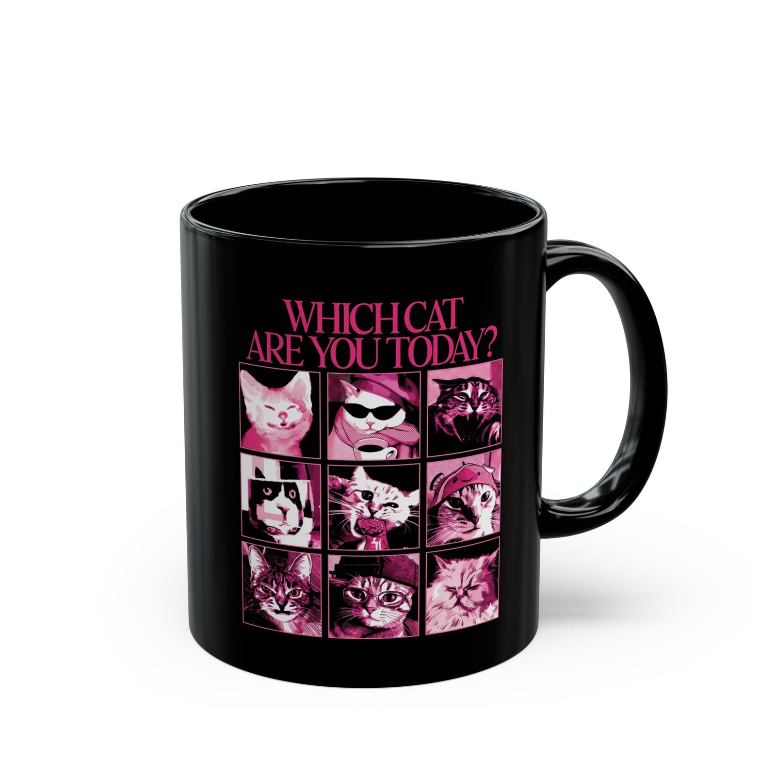 Cat Mood Chart Black Mug — Pink Pop Art Feline Expressions Graphic