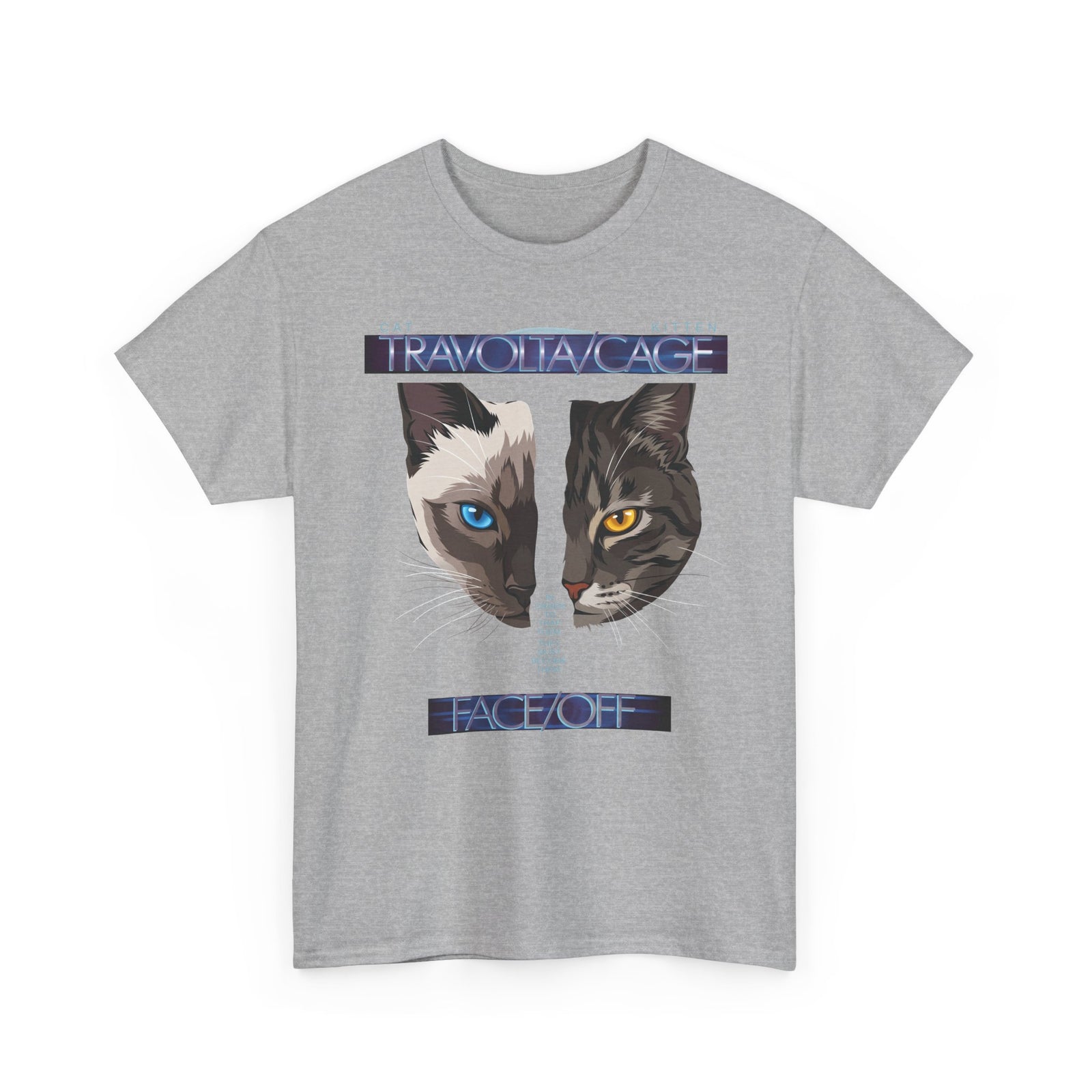 Face/Off Cat Tee — "Travolta/Cage" Split-Face Retro Movie Parody T-Shirt