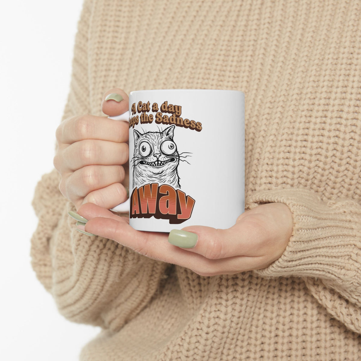Cat A Day Keeps The Sadness Away Ceramic Mug — Cute Mental Health Cat Mug