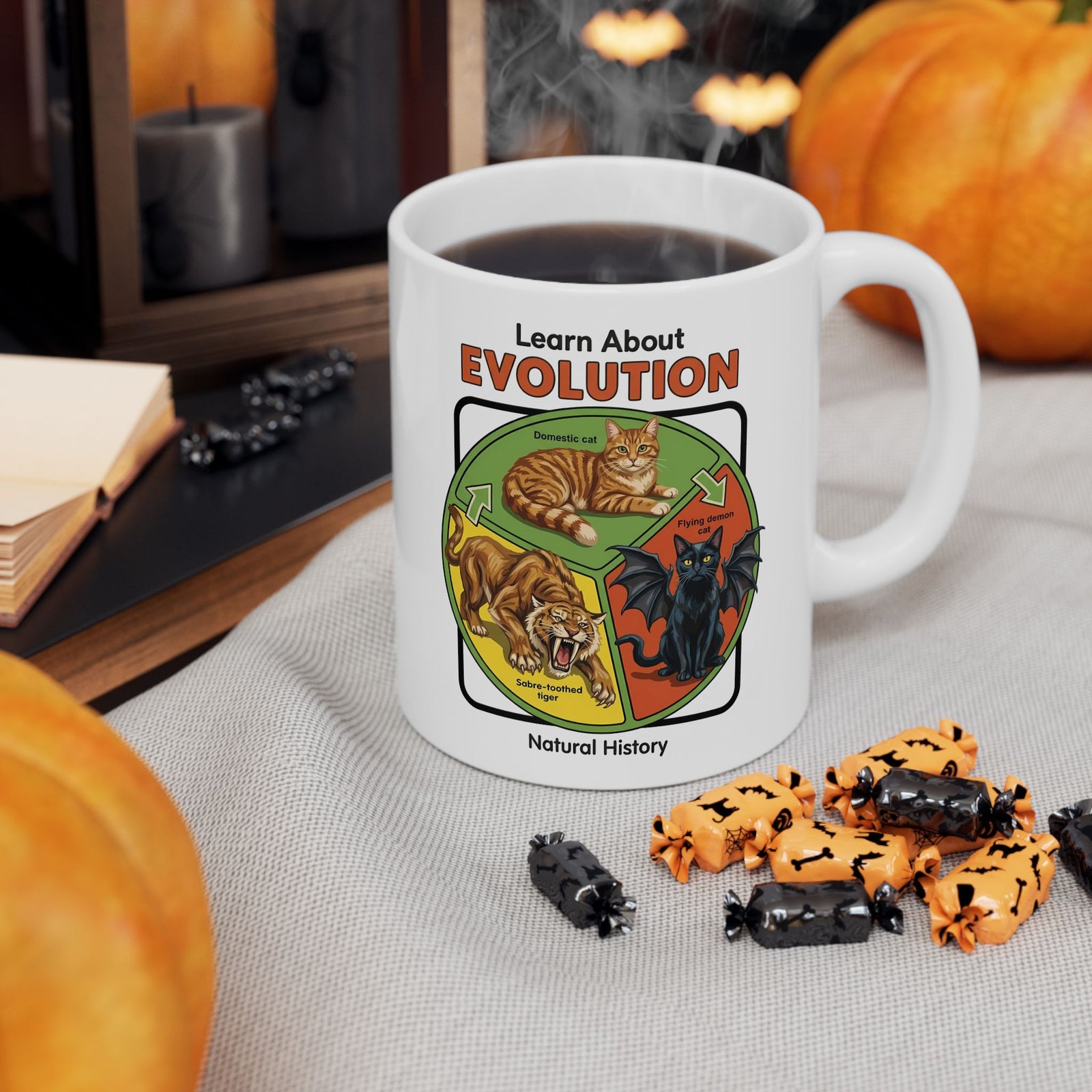 Learn About Evolution Cat Ceramic Mug — Funny Science Natural History Parody Mug