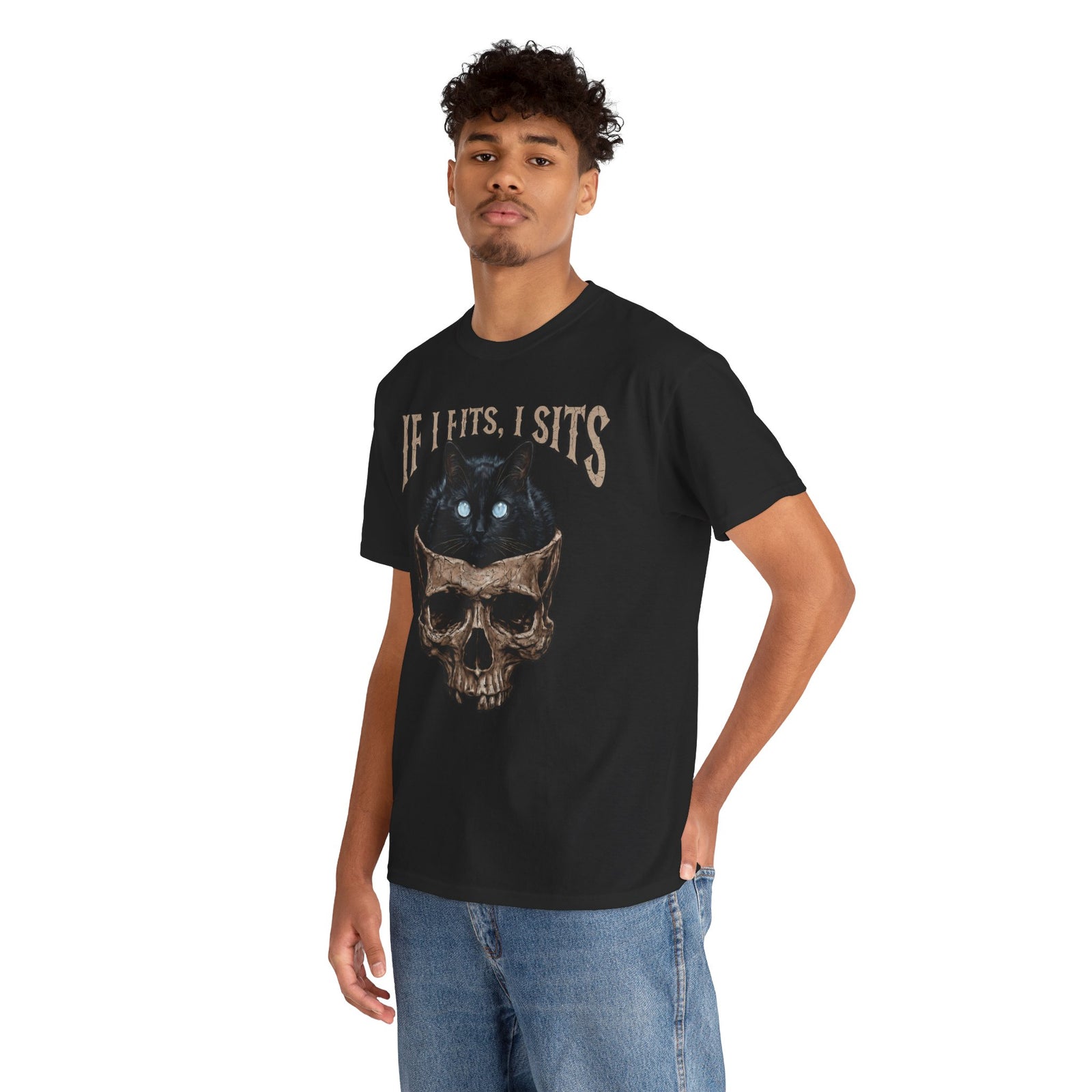 If I Fits I Sits Cat T-Shirt — Funny Gothic Black Cat Skull Graphic