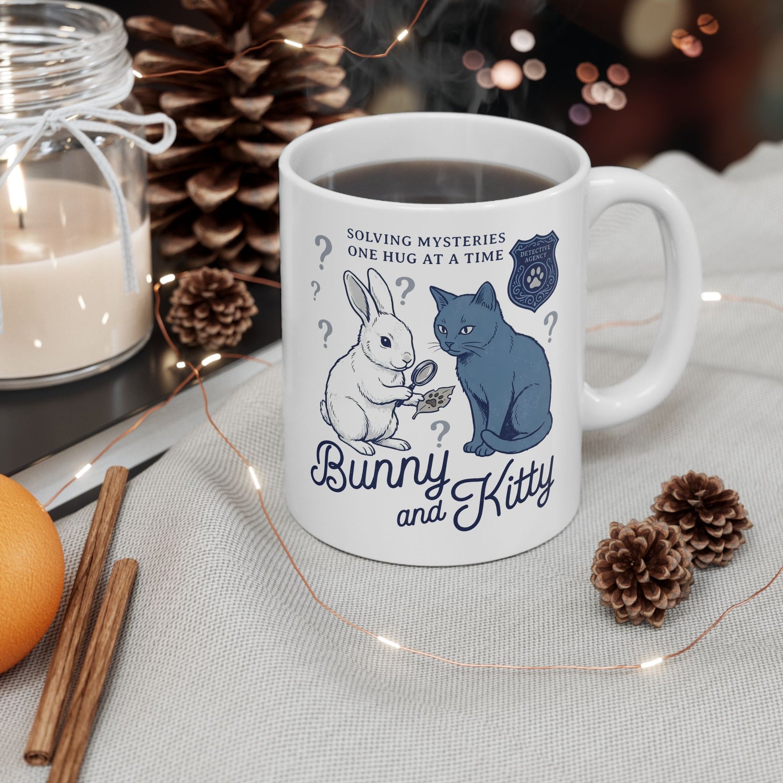 Detective Bunny & Kitty Ceramic Mug — Cute 'Solving Mysteries One Hug At A Time' Mug