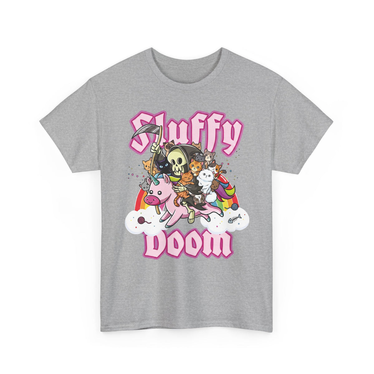 Sluffy Doom Grim Reaper Riding Unicorn T-Shirt — Pastel Goth Cat Tee