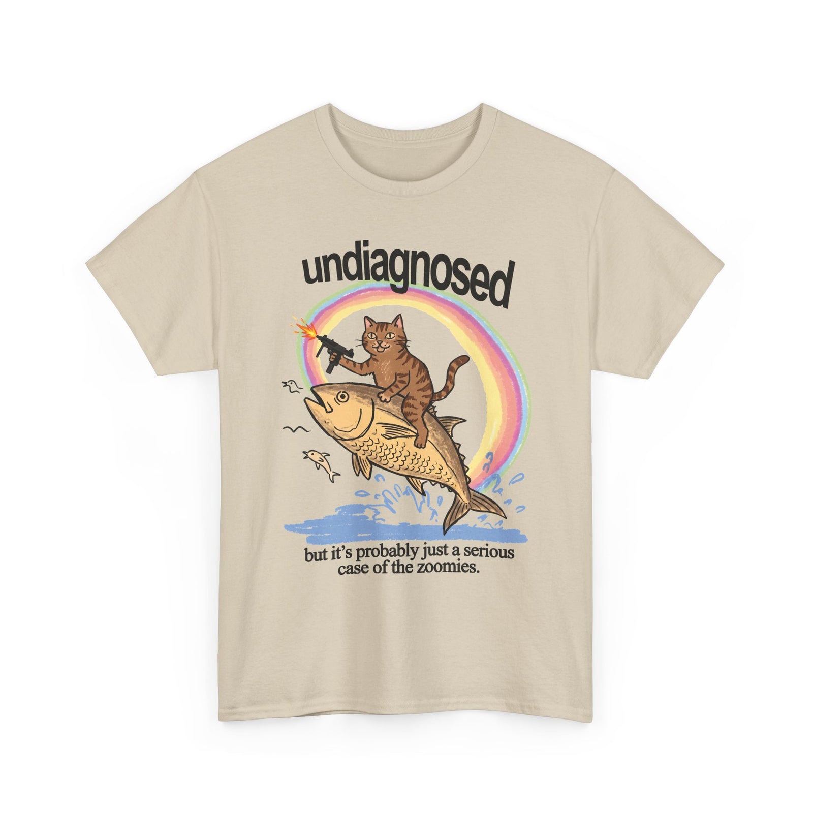 Undiagnosed Case Of The Zoomies T-Shirt — Machine Gun Cat Riding Fish Tee