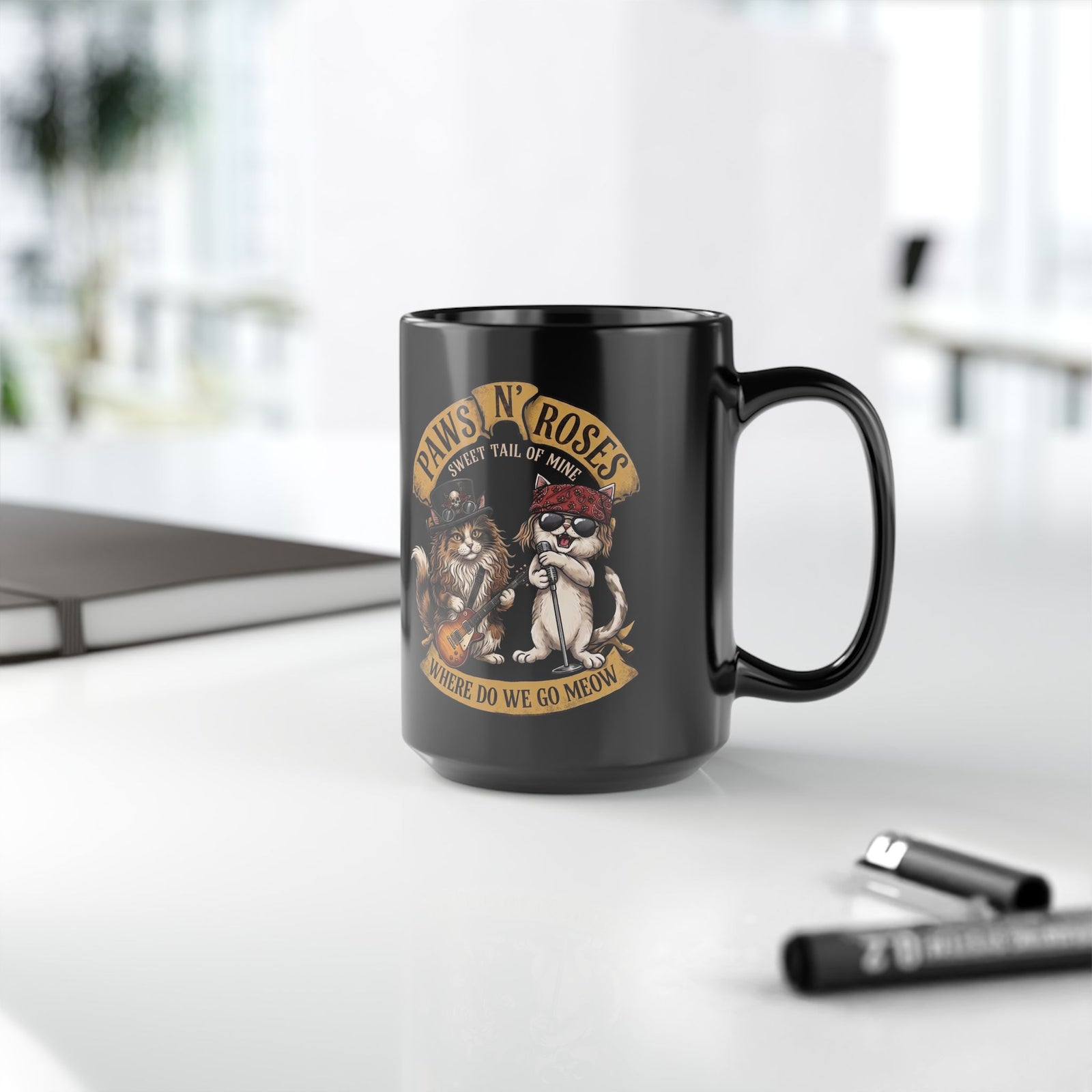 PAWS N' ROSES "Sweet Tail of Mine" Funny Cats Black Mug