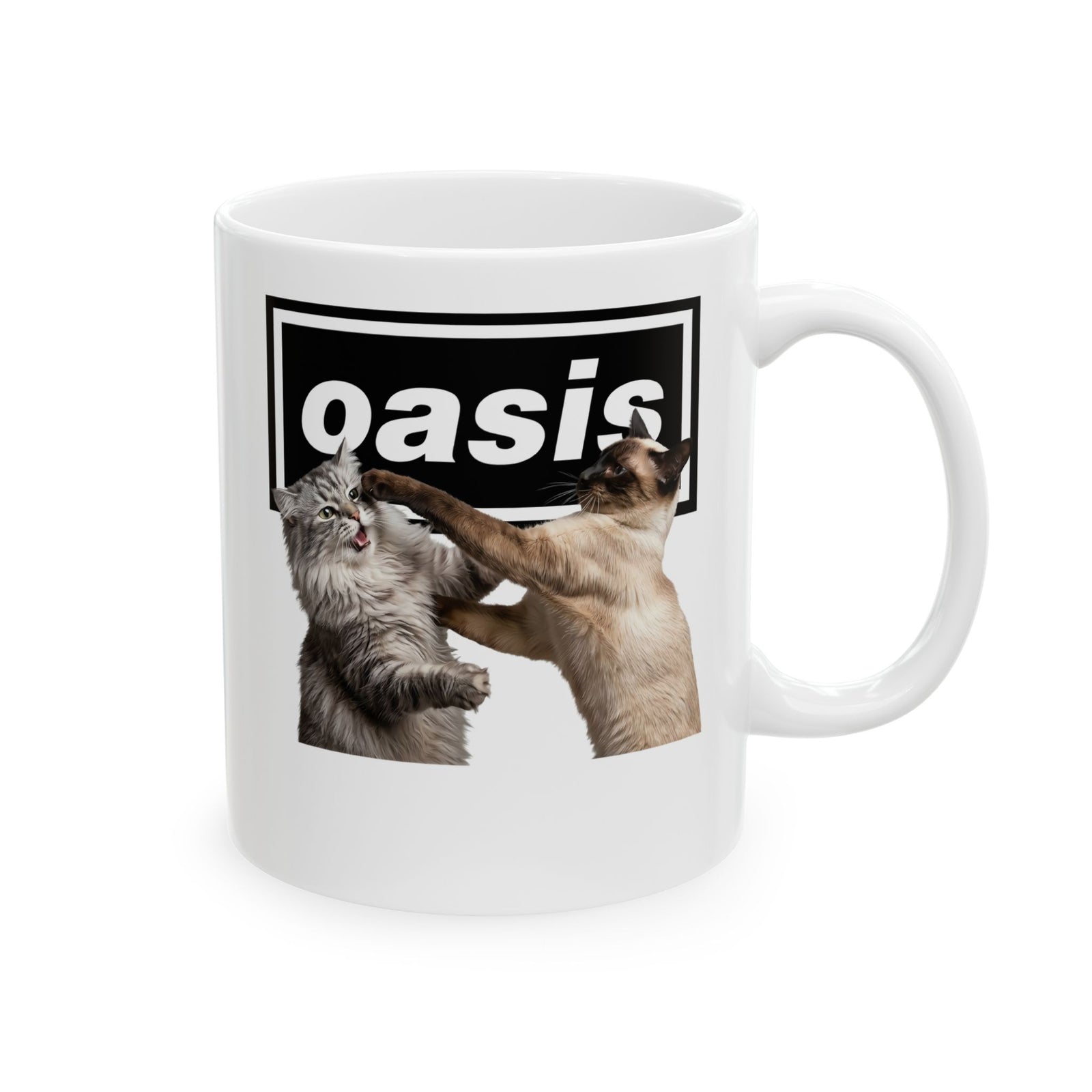 Oasis Cat Fight Ceramic Mug — Desert Cat Battle Graphic Mug