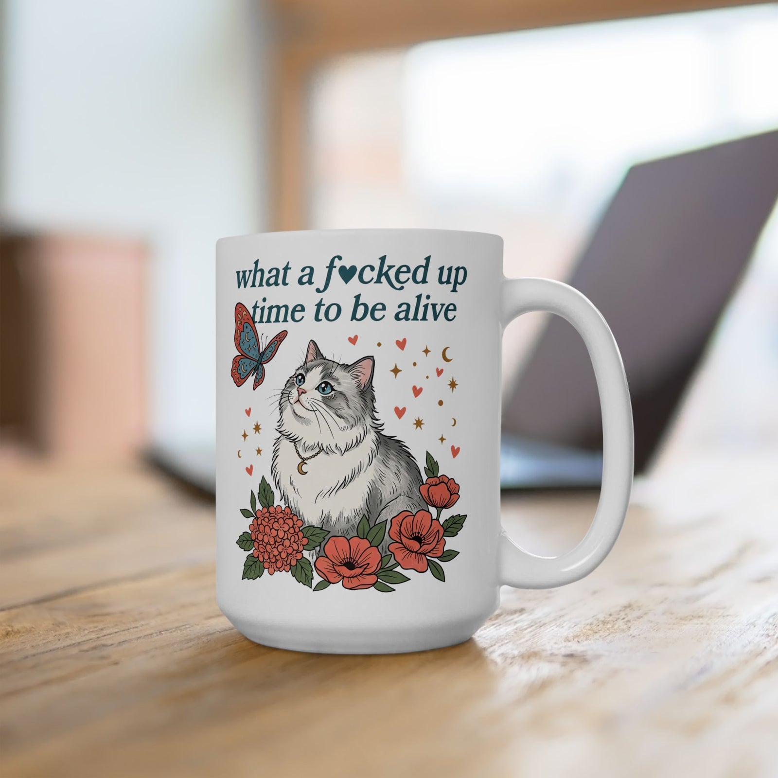 Retro Cat Mug — "What a Fucked Up Time to Be Alive" Graphic
