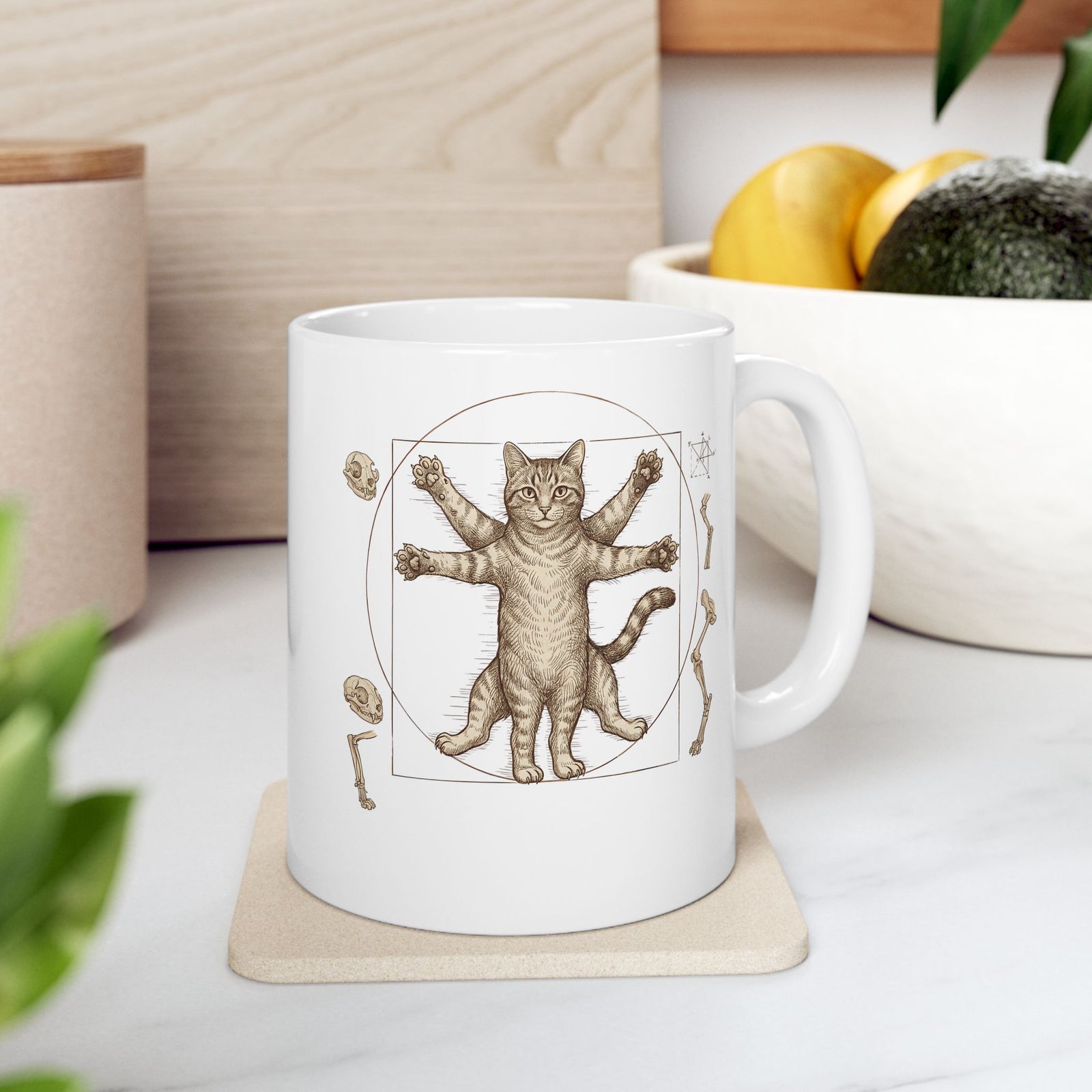 Vitruvian Cat Ceramic Mug — Anatomical Cat Art Mug