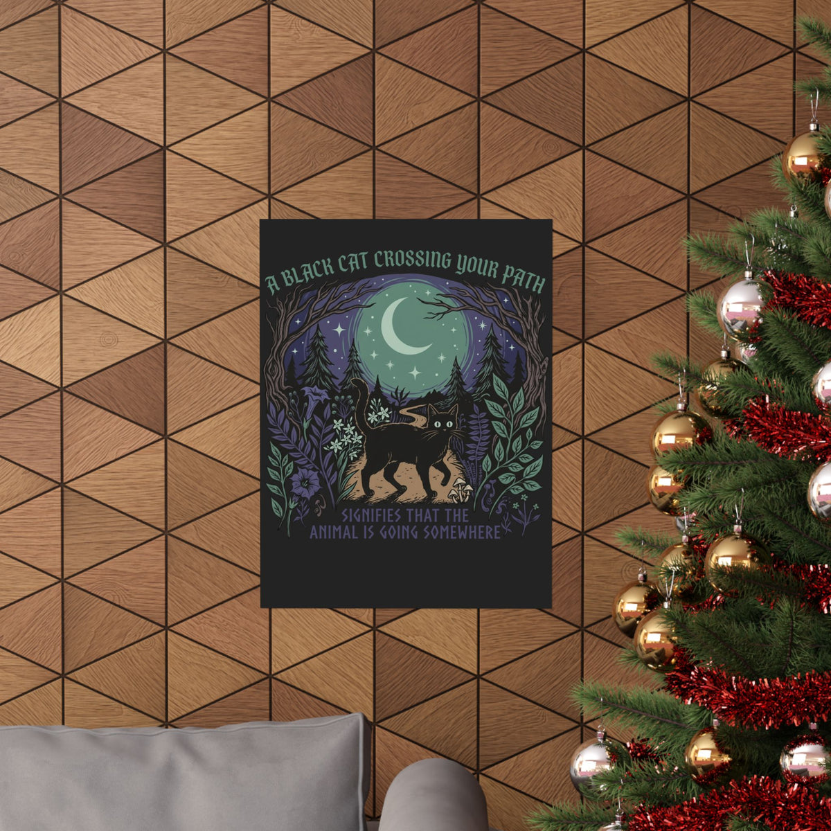 Black Cat Crossing Your Path Poster — Whimsical Moonlit Forest Cat Poster