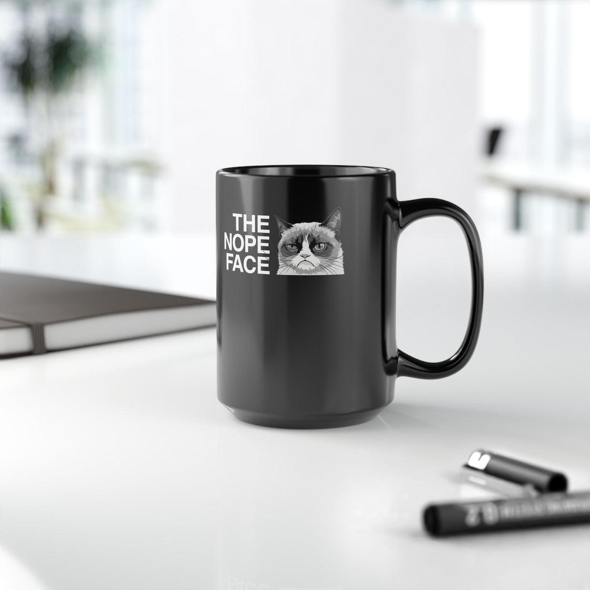 Nope Face Cat Black Mug — Funny Cat Graphic Mug
