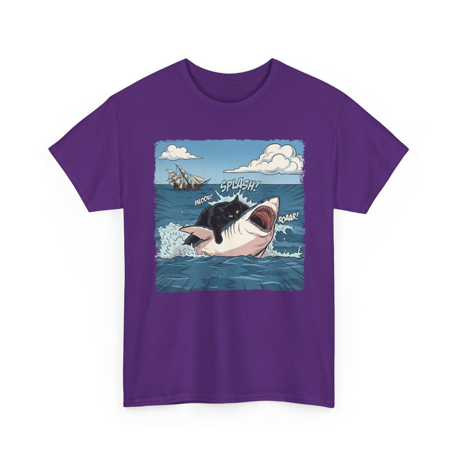 Black Cat Vs White Shark T-Shirt — Funny Comic Book Ocean Battle Tee